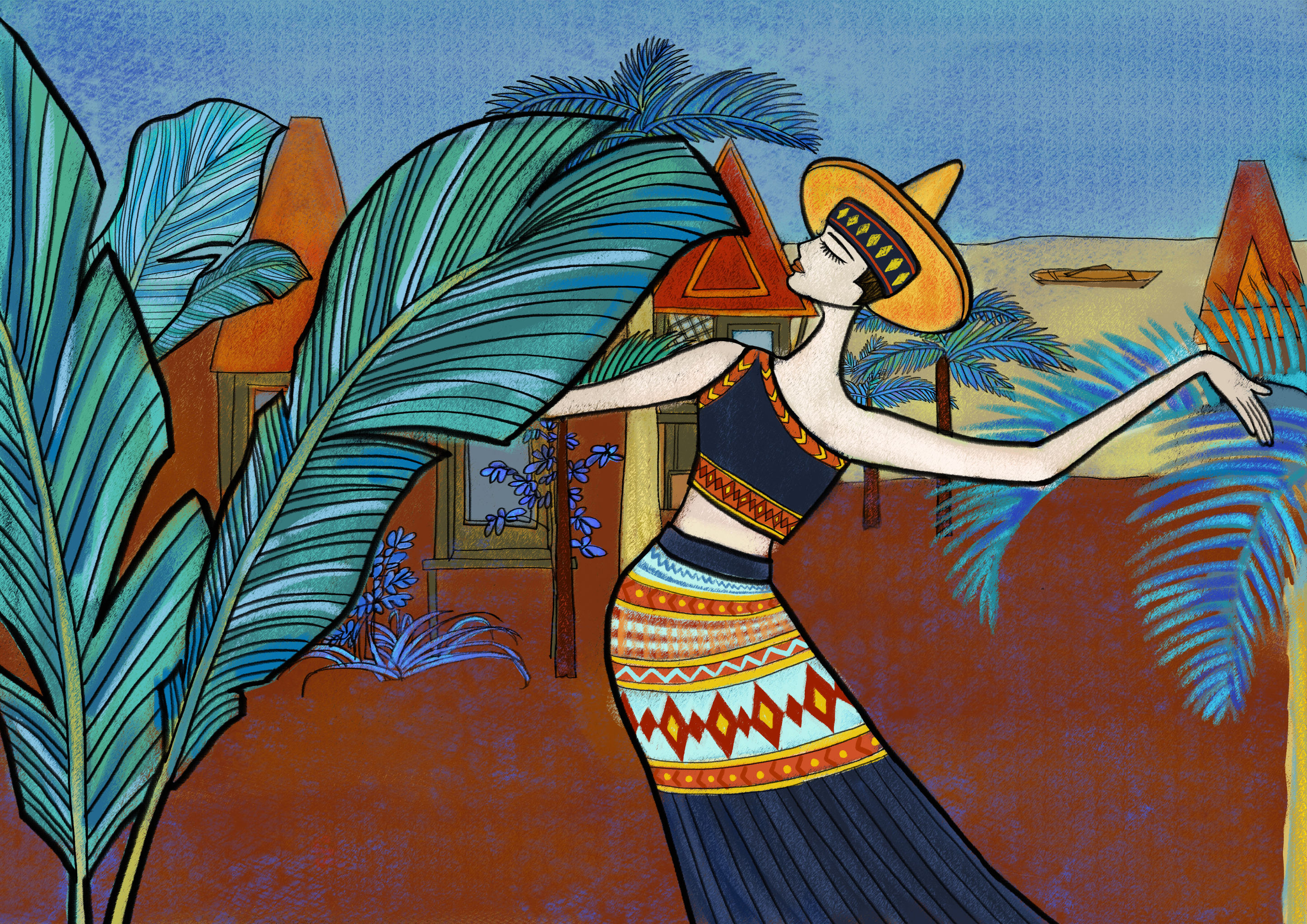 以数字绘画的形式参考具有民族特色的画法,结合中国少数民族建筑纷鞍