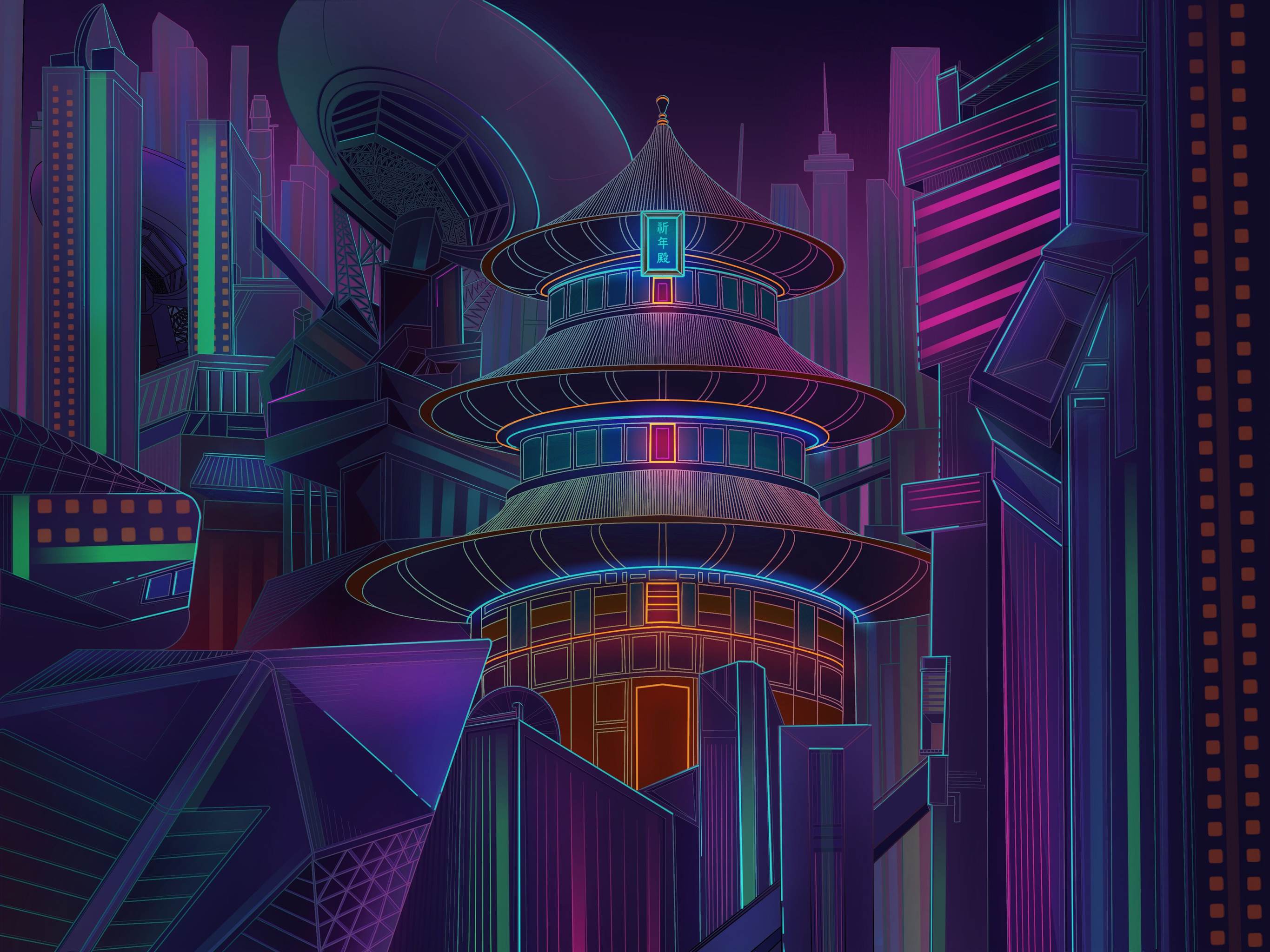 原创国潮插画赛博朋克天坛