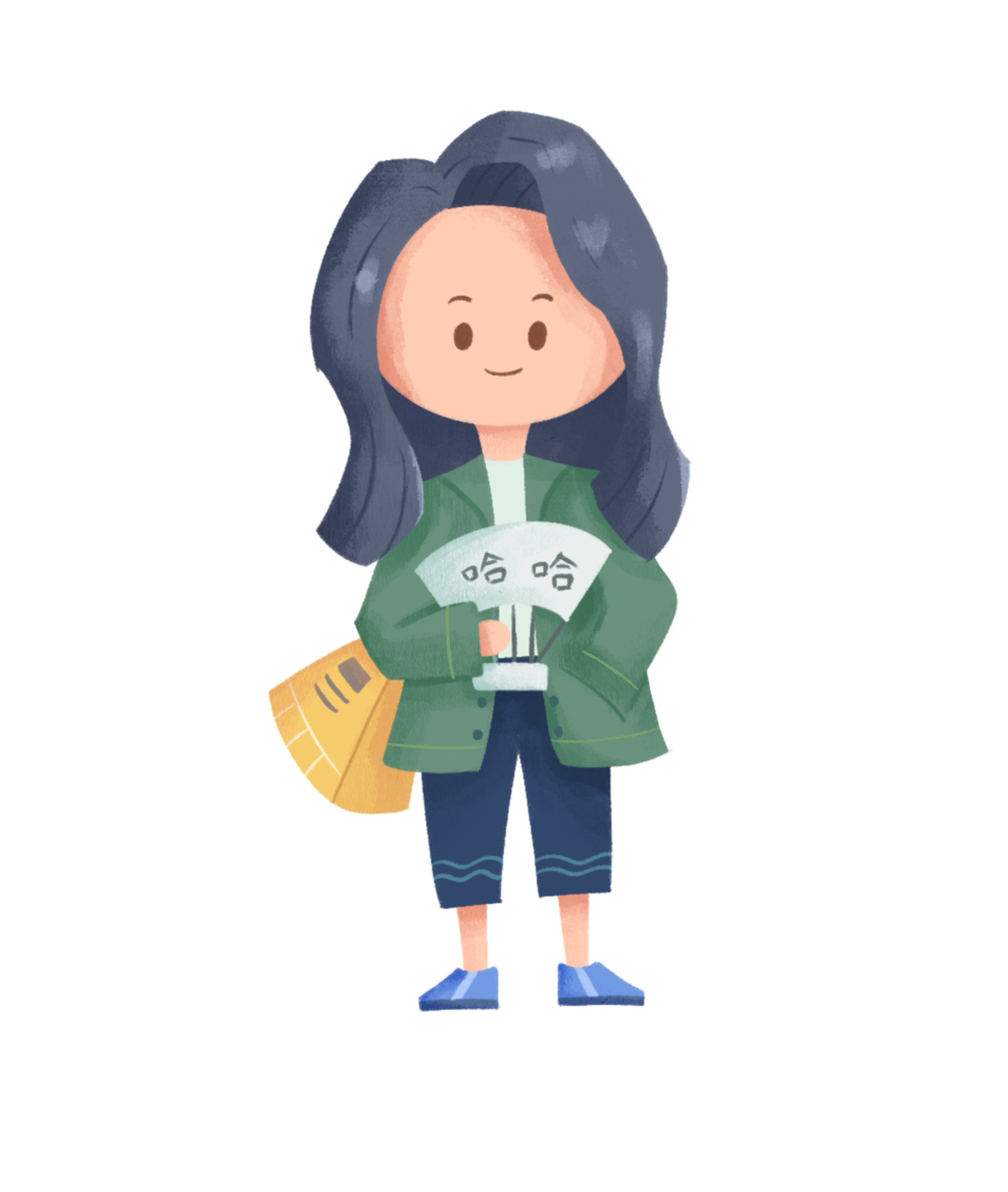 卡通女孩手拿扇子插画