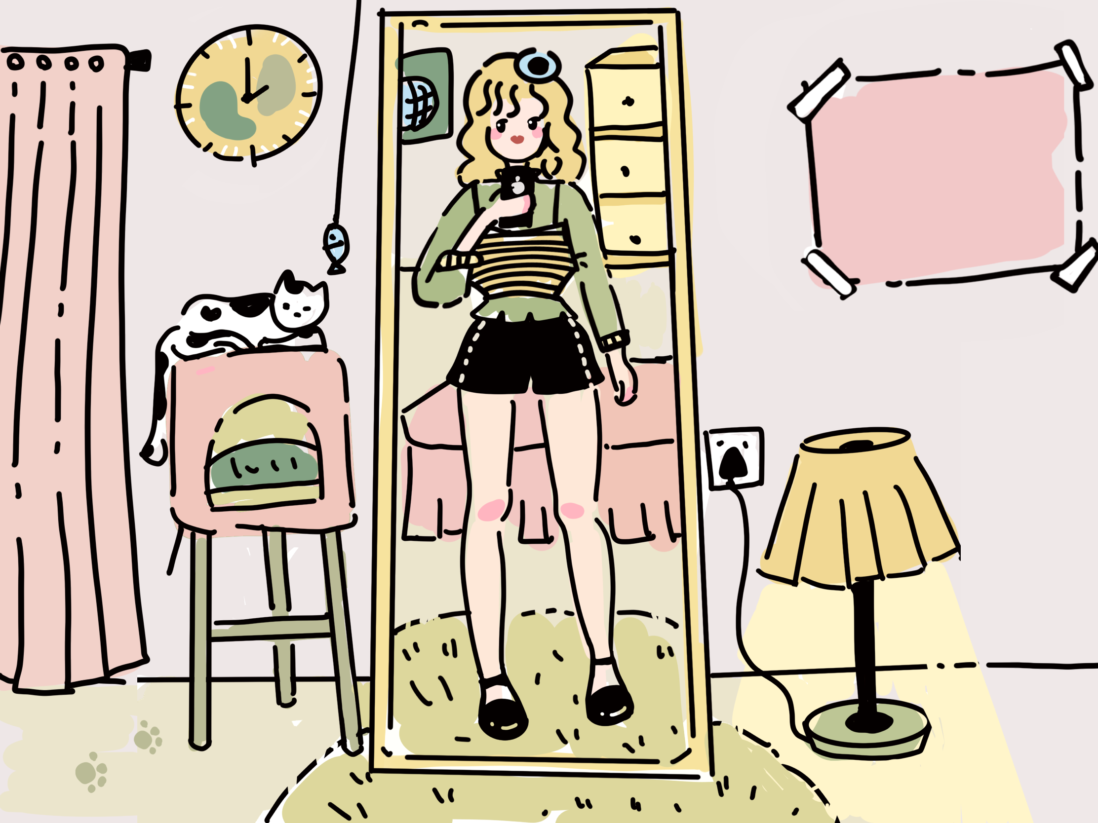 女孩与猫手绘简约系列插画独居生活2