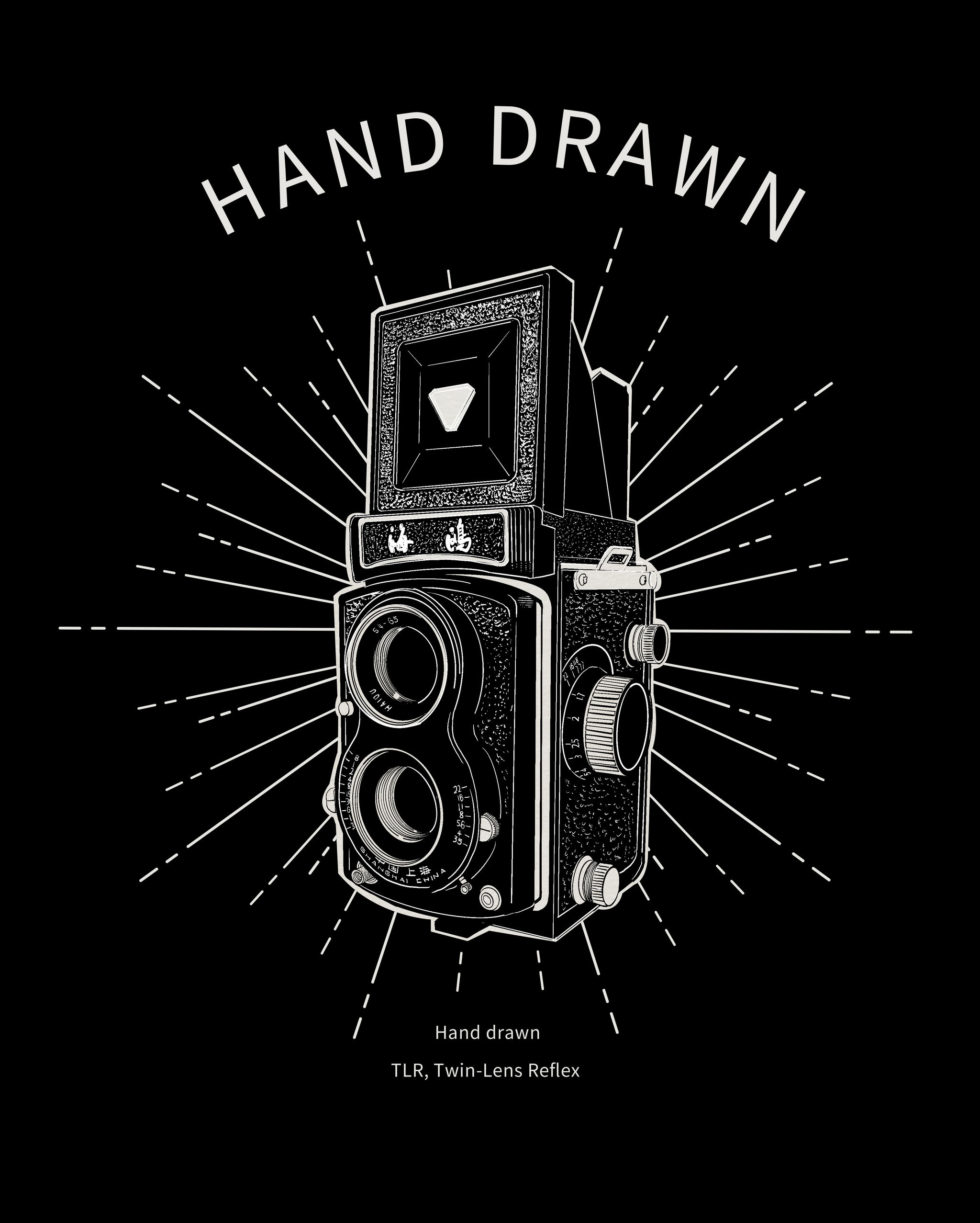 复古手绘风格绘画老相机黑白墨水版画招贴海报元素