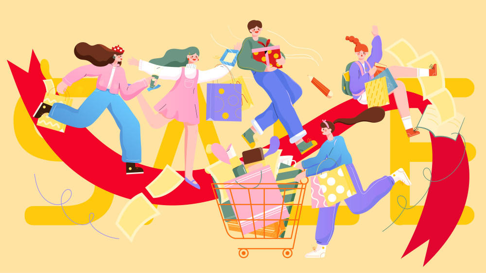 人们快乐消费购物矢量插画横图
