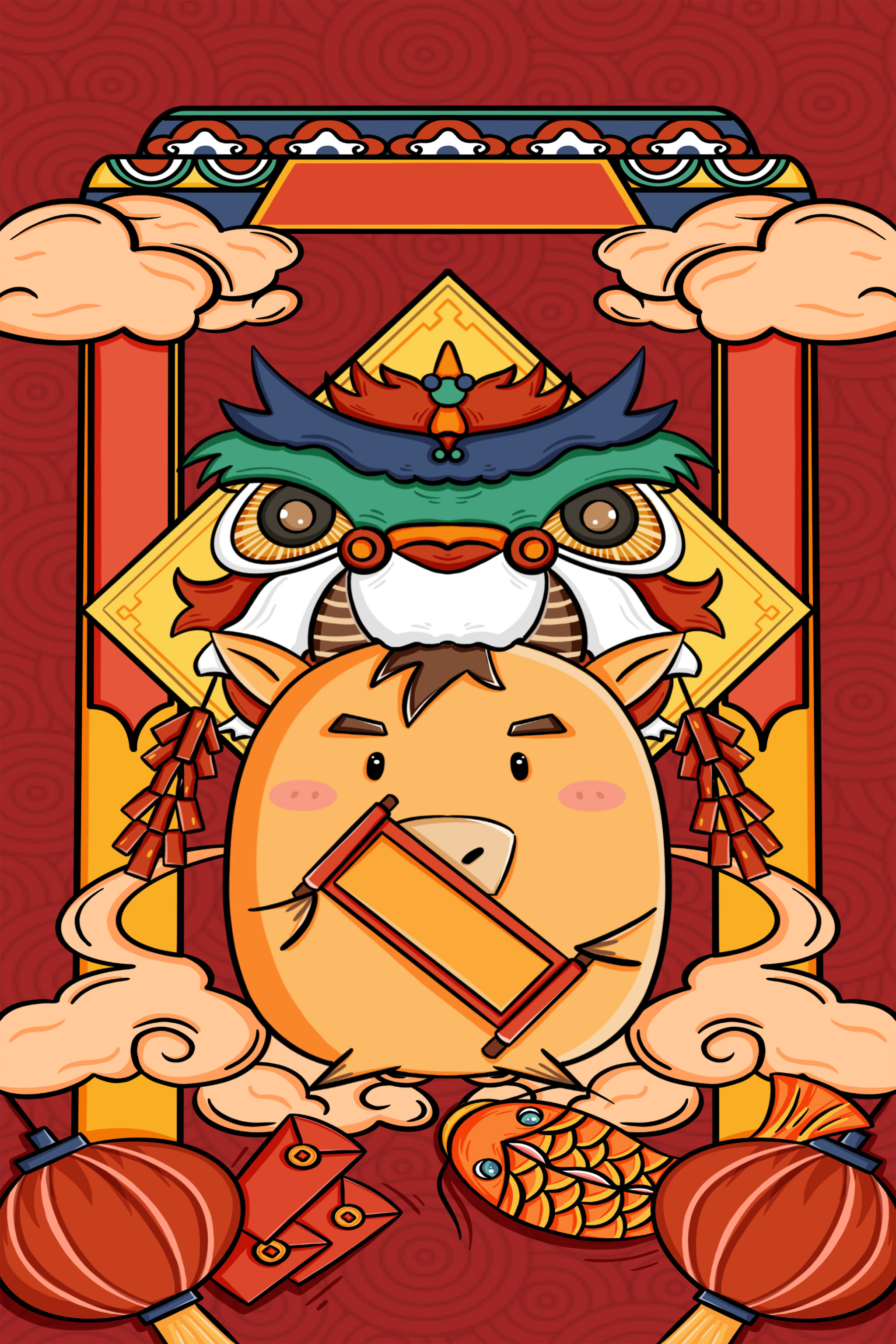 传统中国卡通牛年春节插画