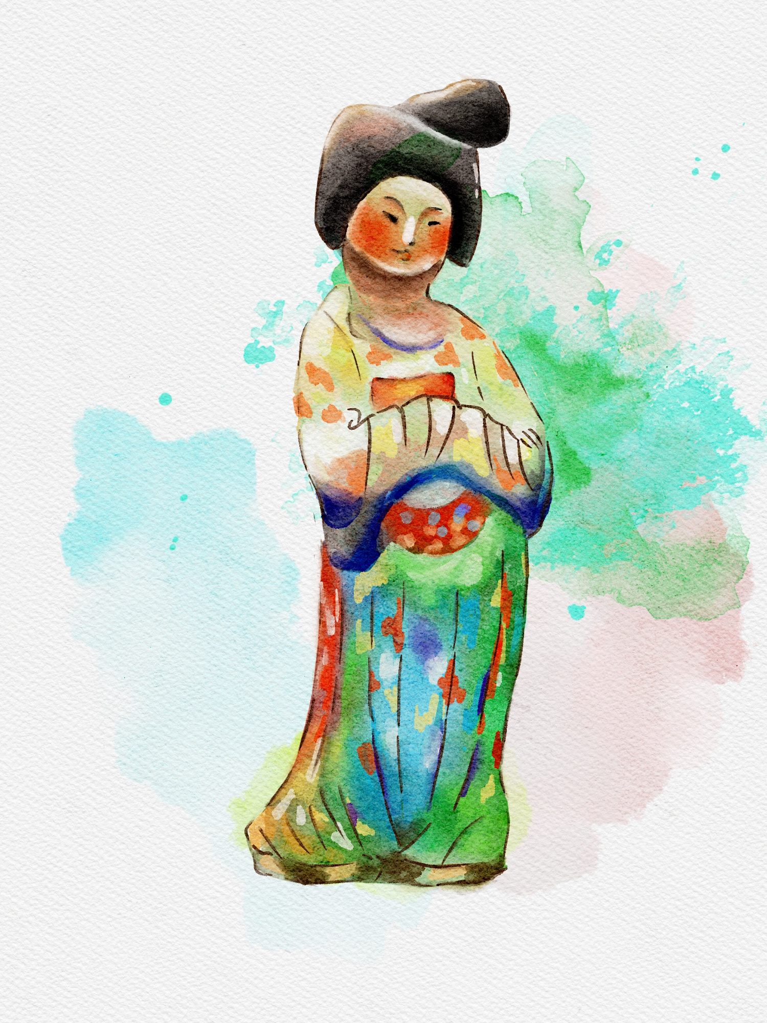文物水彩粉彩仕女俑