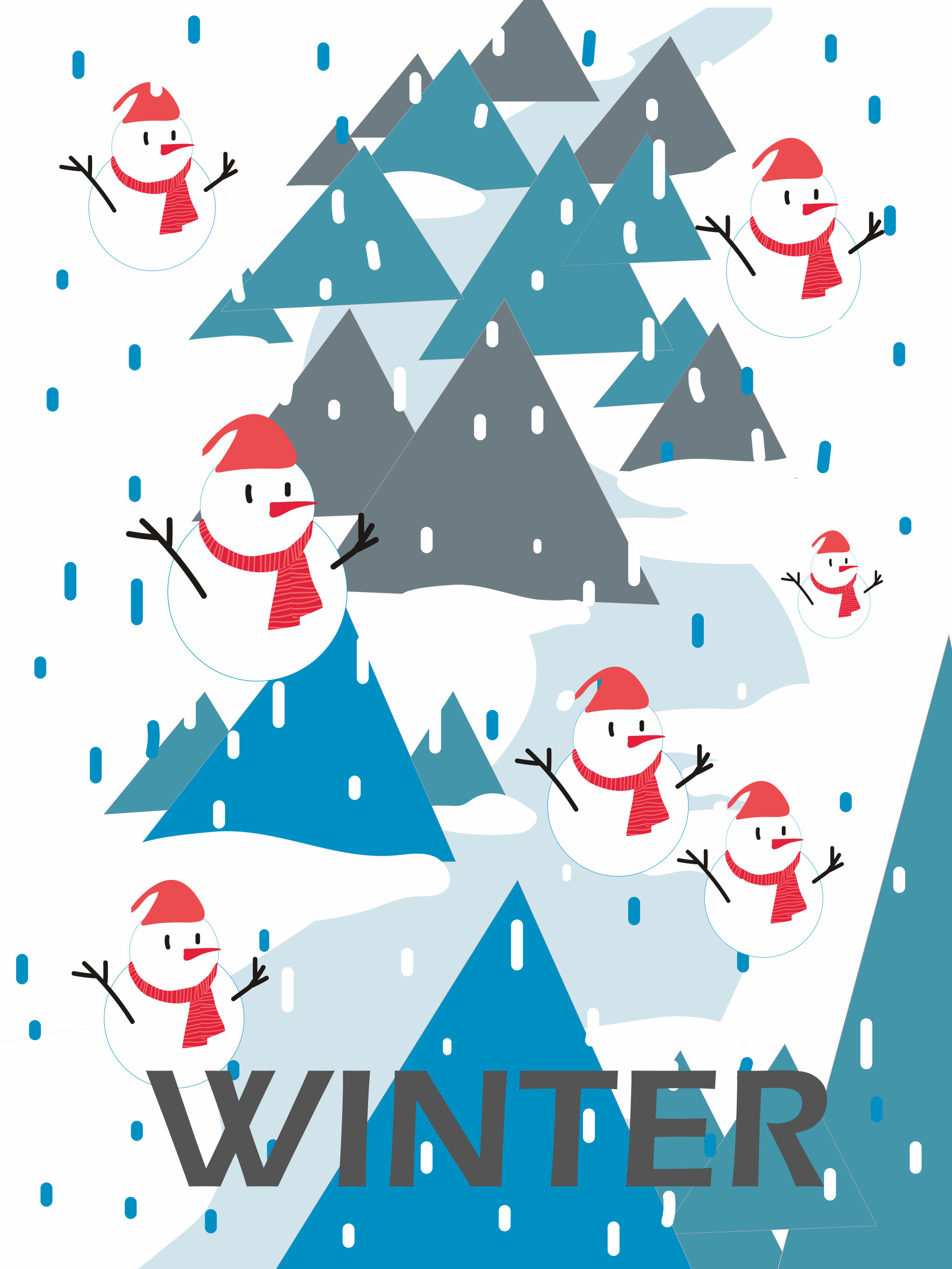 冬天,白蓝为基调,雪人树木为元素
