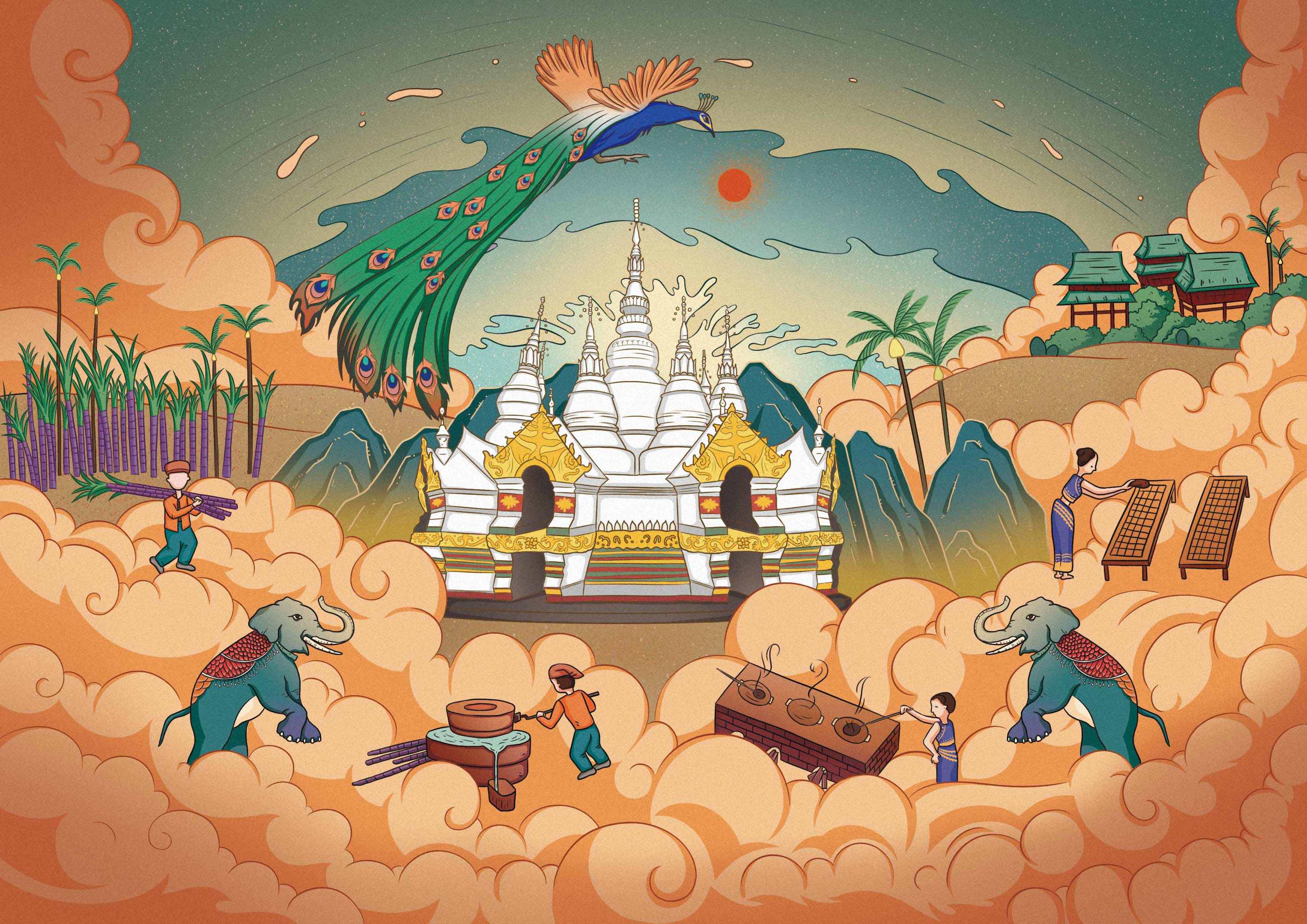 西双版纳古法黑糖产品包装插画