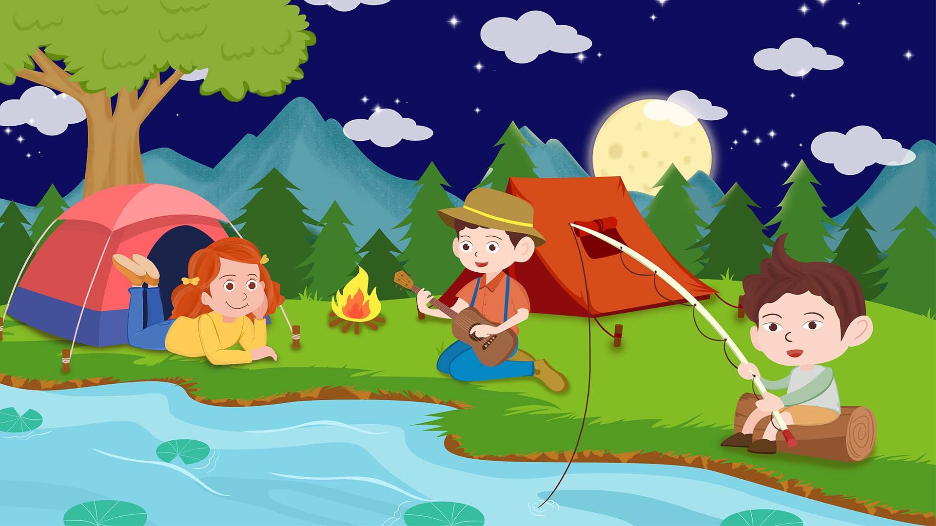 儿童夏令营河边搭帐篷露营钓鱼弹吉他插画 - 134****3636 - 原创作品 