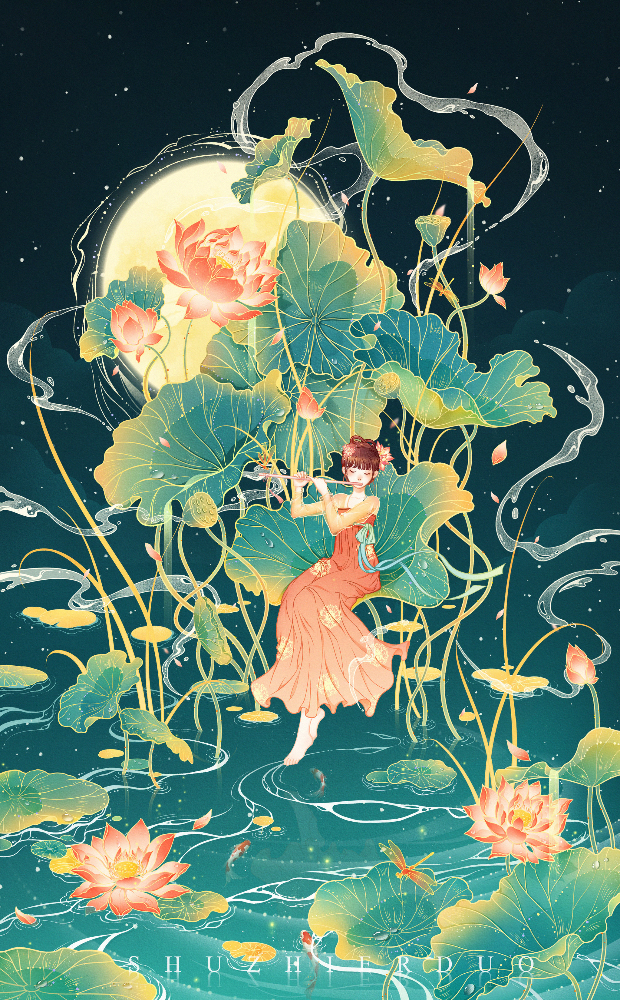 国风插画 | 夏日限定 · 荷花 - 竖只耳朵 - 原创作品 - 视觉中国