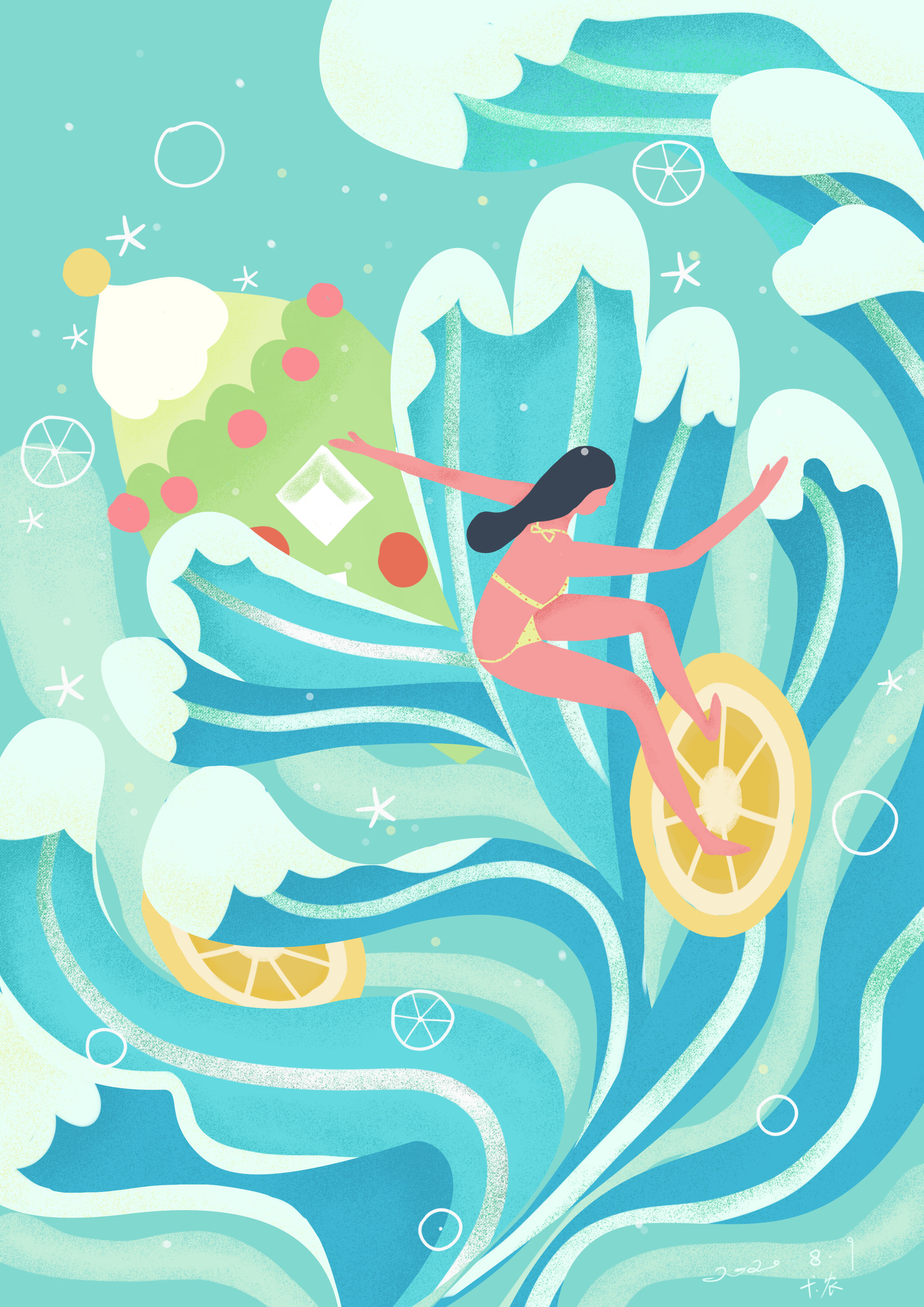 夏天水果奶茶冲浪插画