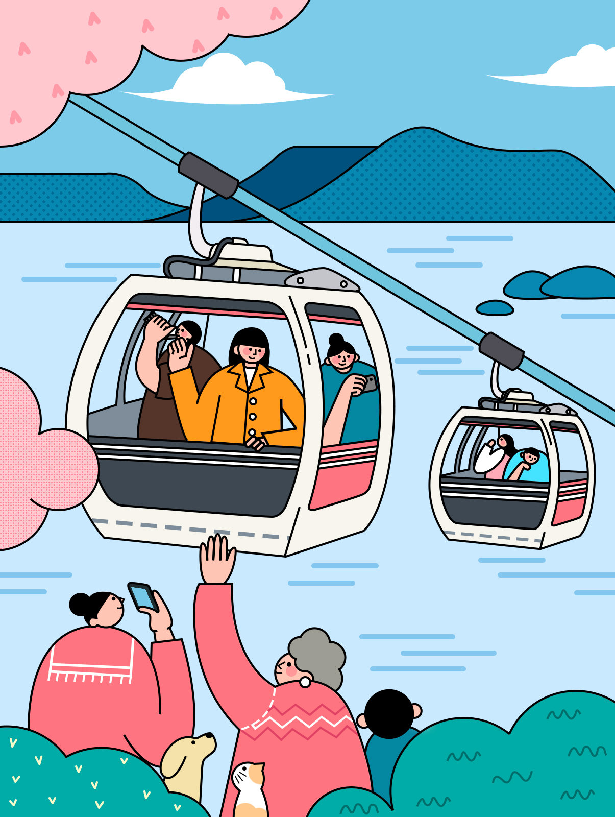 描边插画 doodle风格 春游场景