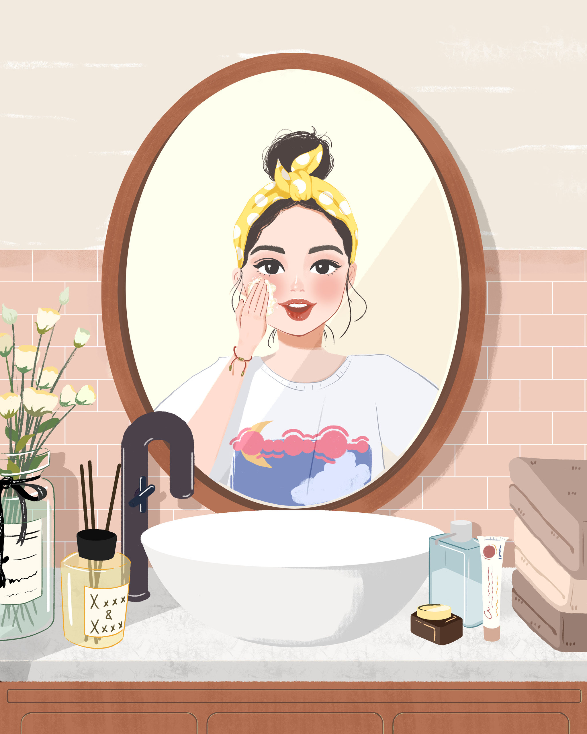 原创插画|对镜洗漱