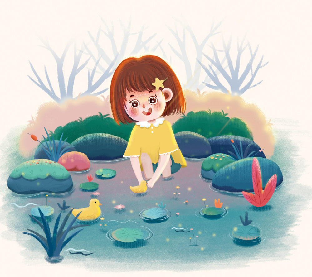 儿童插画-水中玩耍小女孩