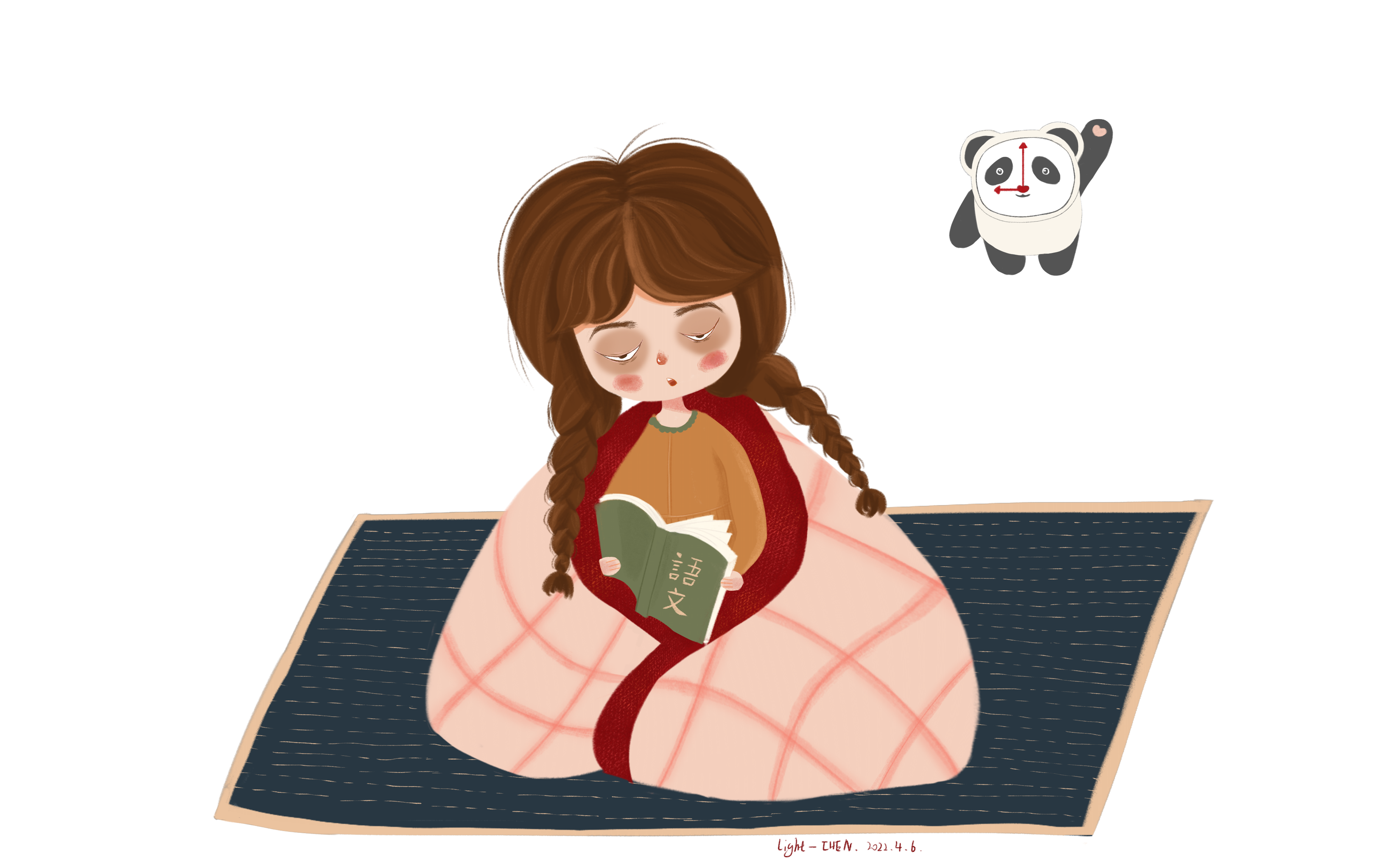 可爱儿童插画卡通困熬夜看书赶作业黑眼圈学生小女孩