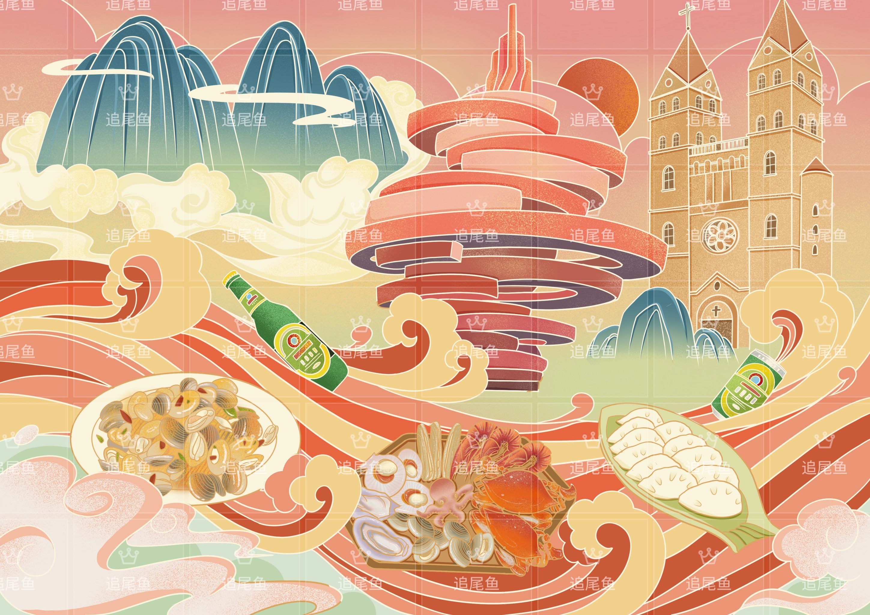 国潮商插 青岛城市插画 - 追尾鱼 - 原创作品 - 视觉中国(shijueme)