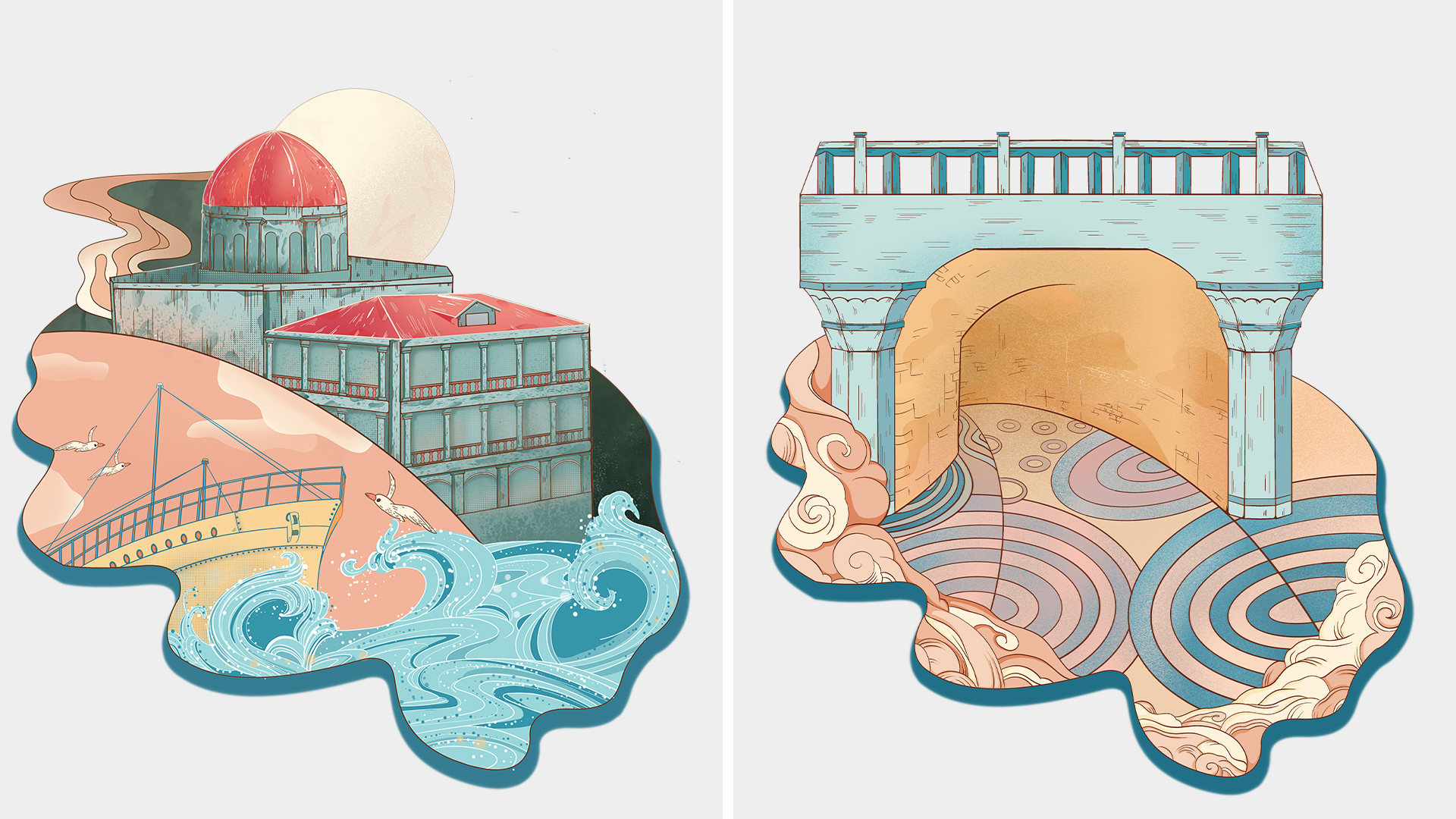 插画包括八卦楼,黄荣远堂,日光岩等著名十二景点插画