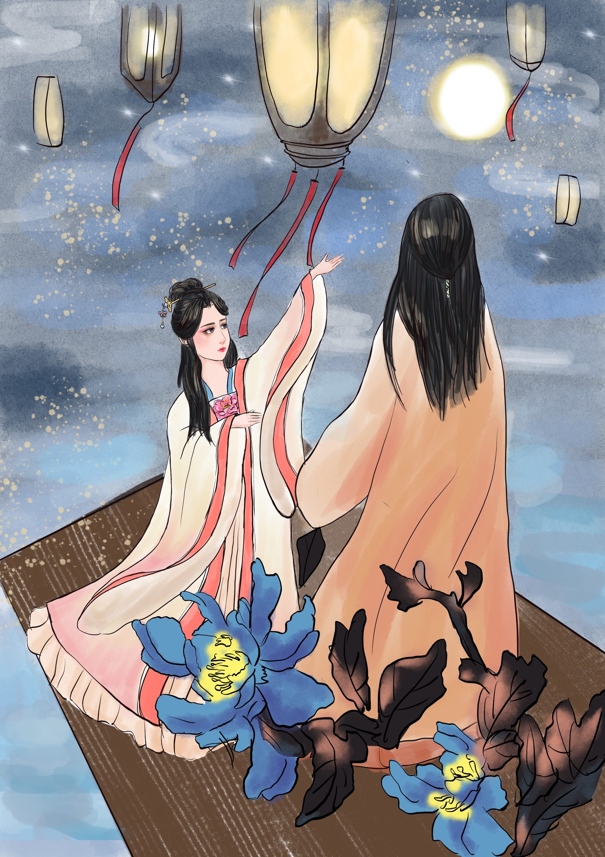 唯美古风水墨情侣赏月放灯图