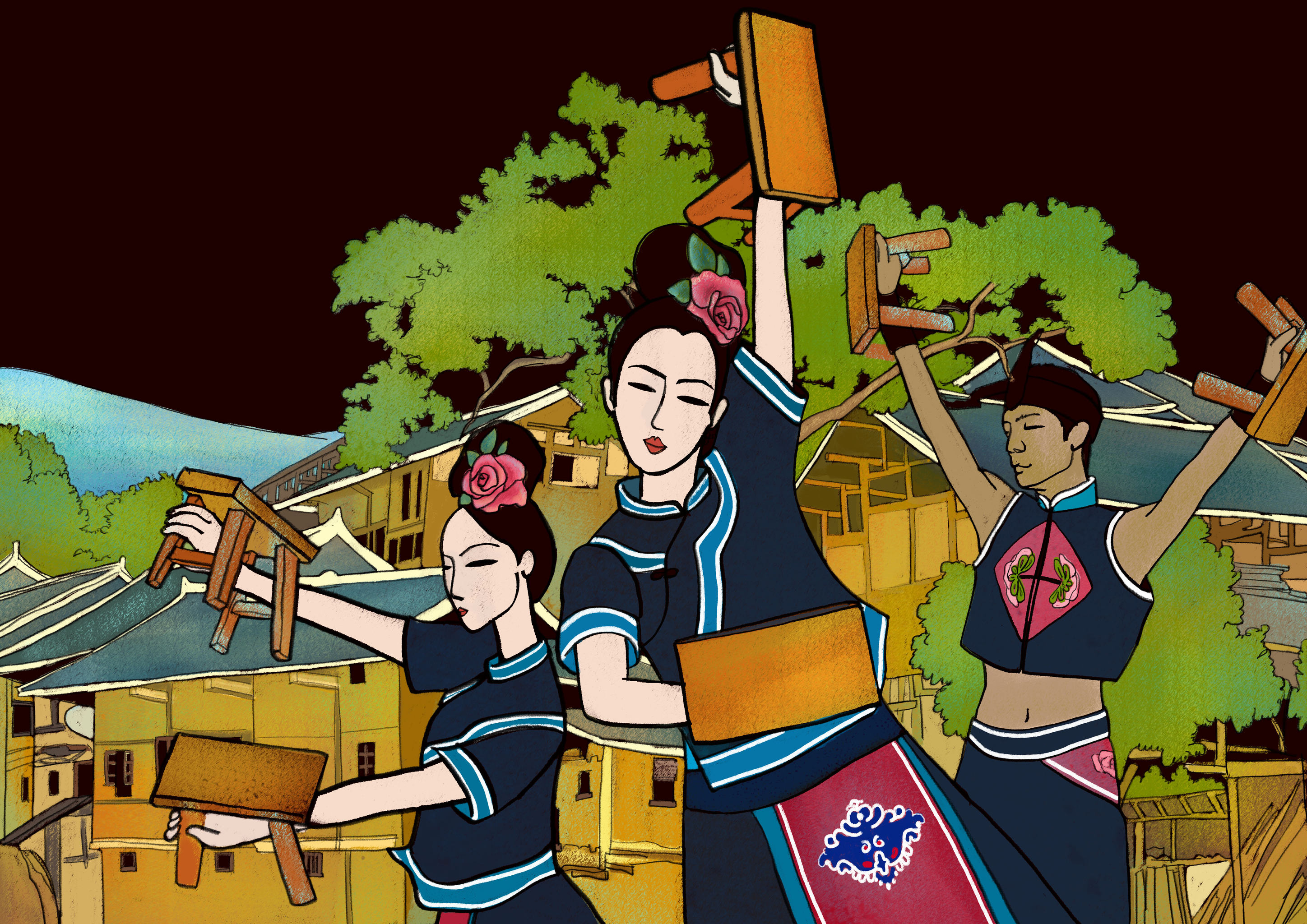 以数字绘画的形式参考具有民族特色的画法,结合中国少数民族建筑服装