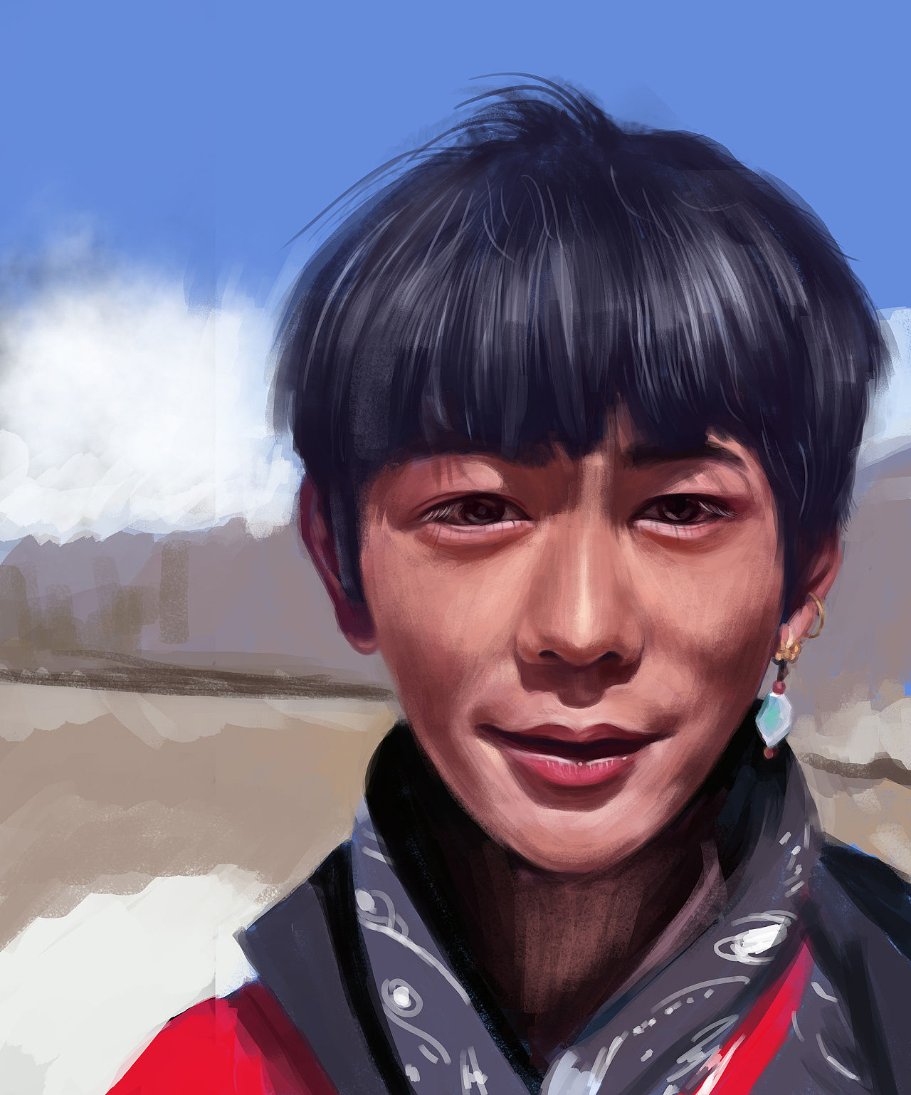 手绘帅气藏族小伙男孩丁真