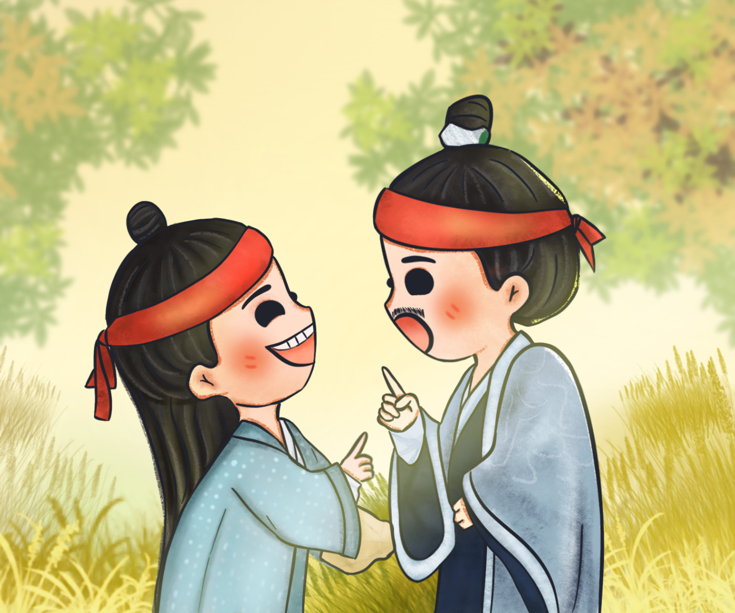 古风插画-父子的逗趣