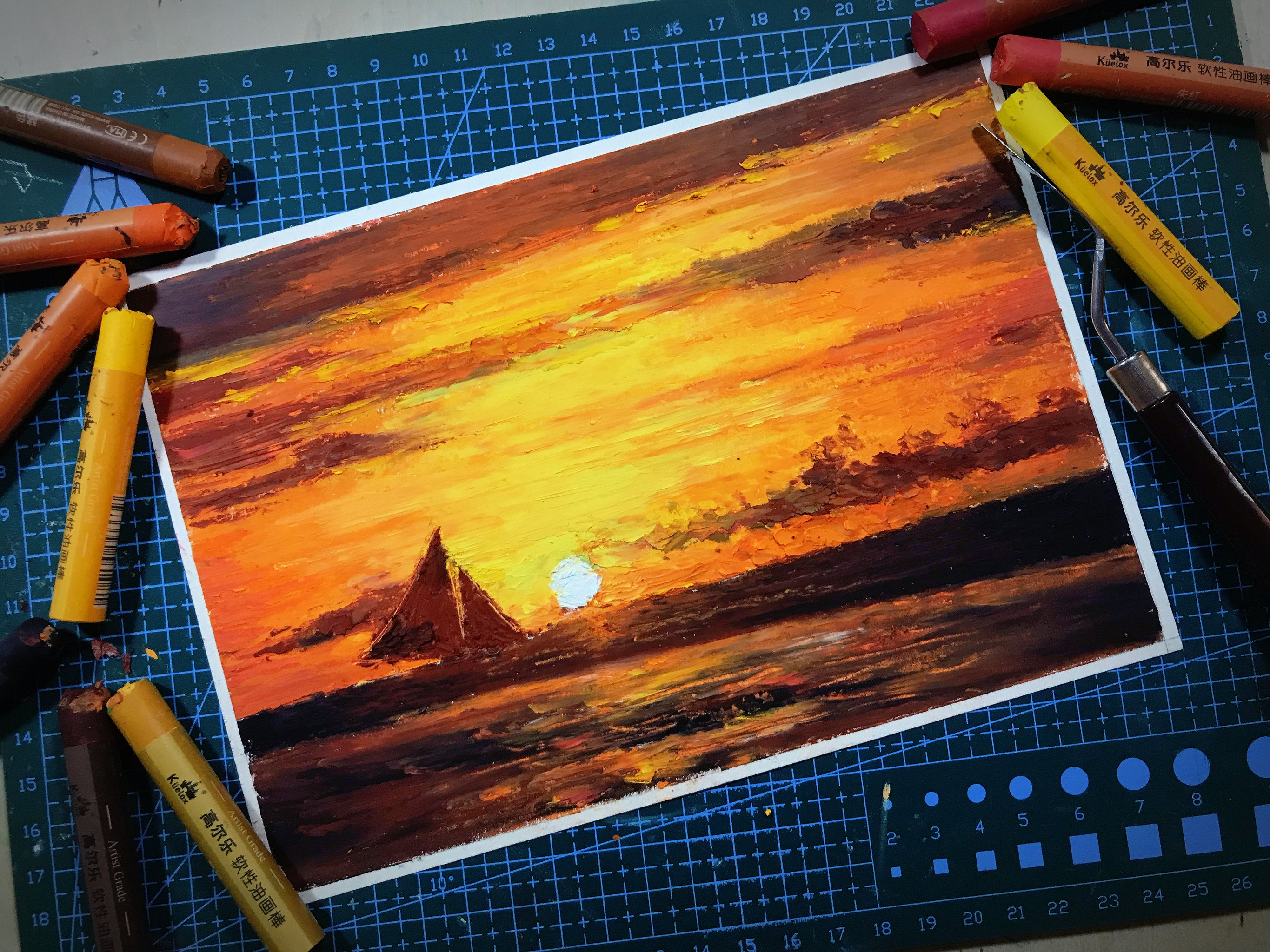 油画棒手绘 海边落日 晚霞 天空插画