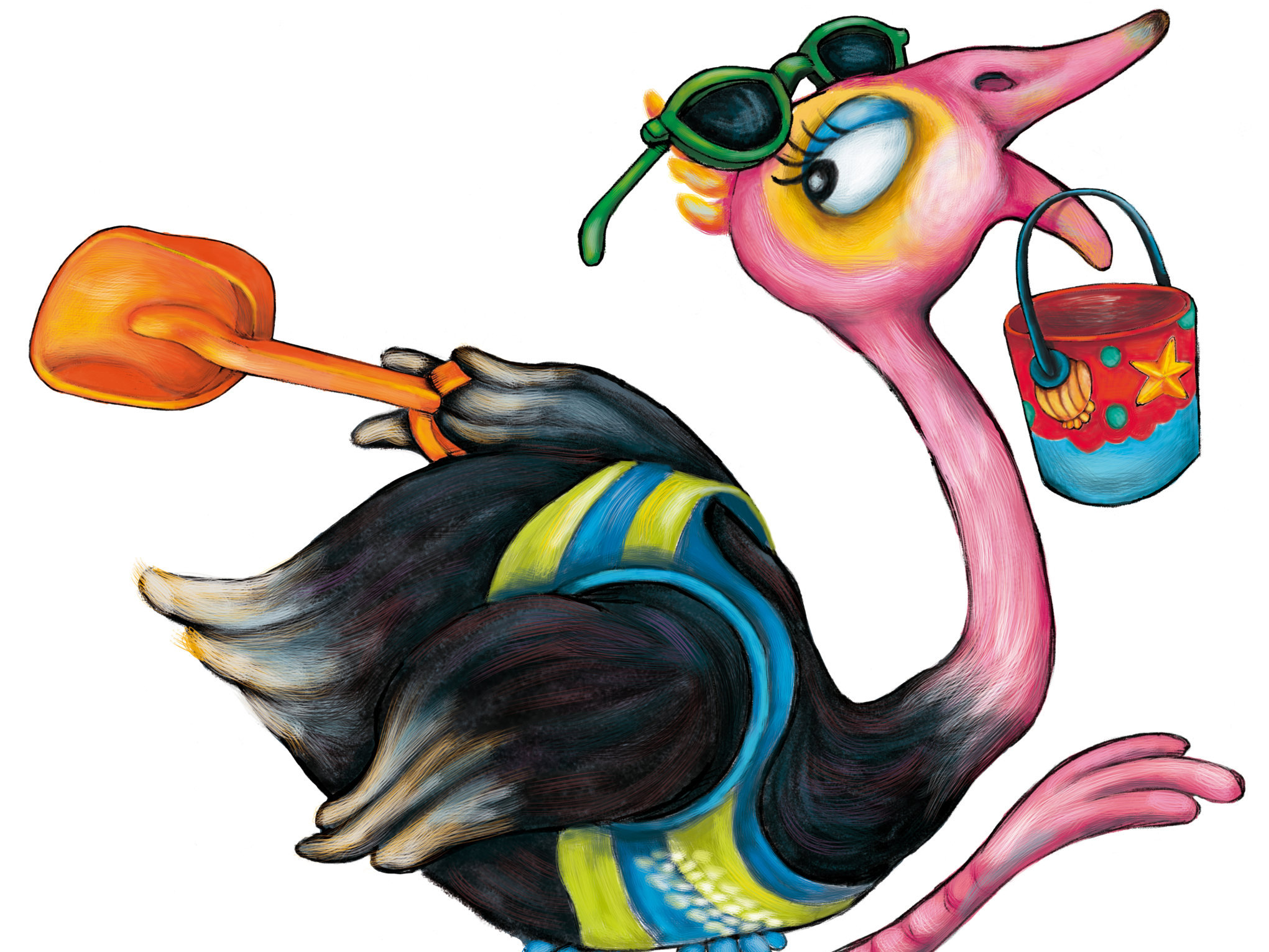 鸵鸟拿着铲子和桶子