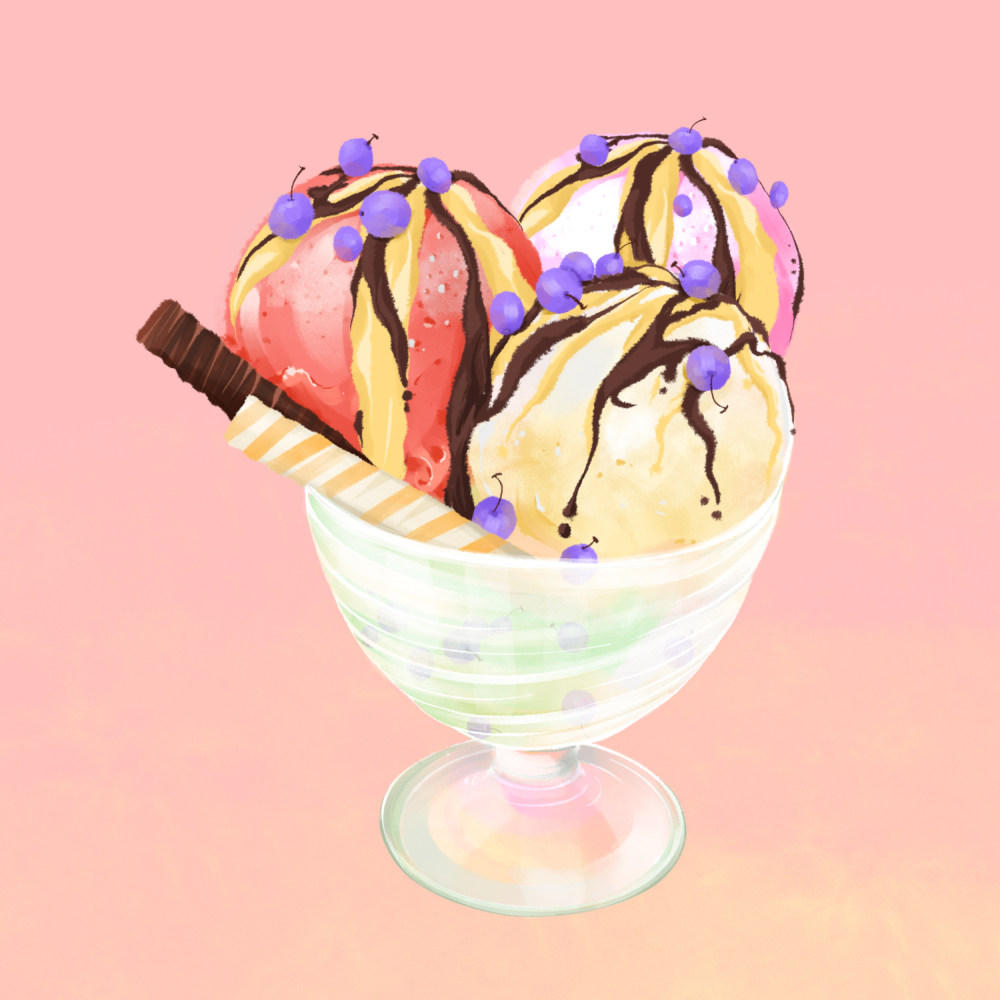 夏日甜品美食蓝莓三色冰淇淋水果雪糕球手绘插画