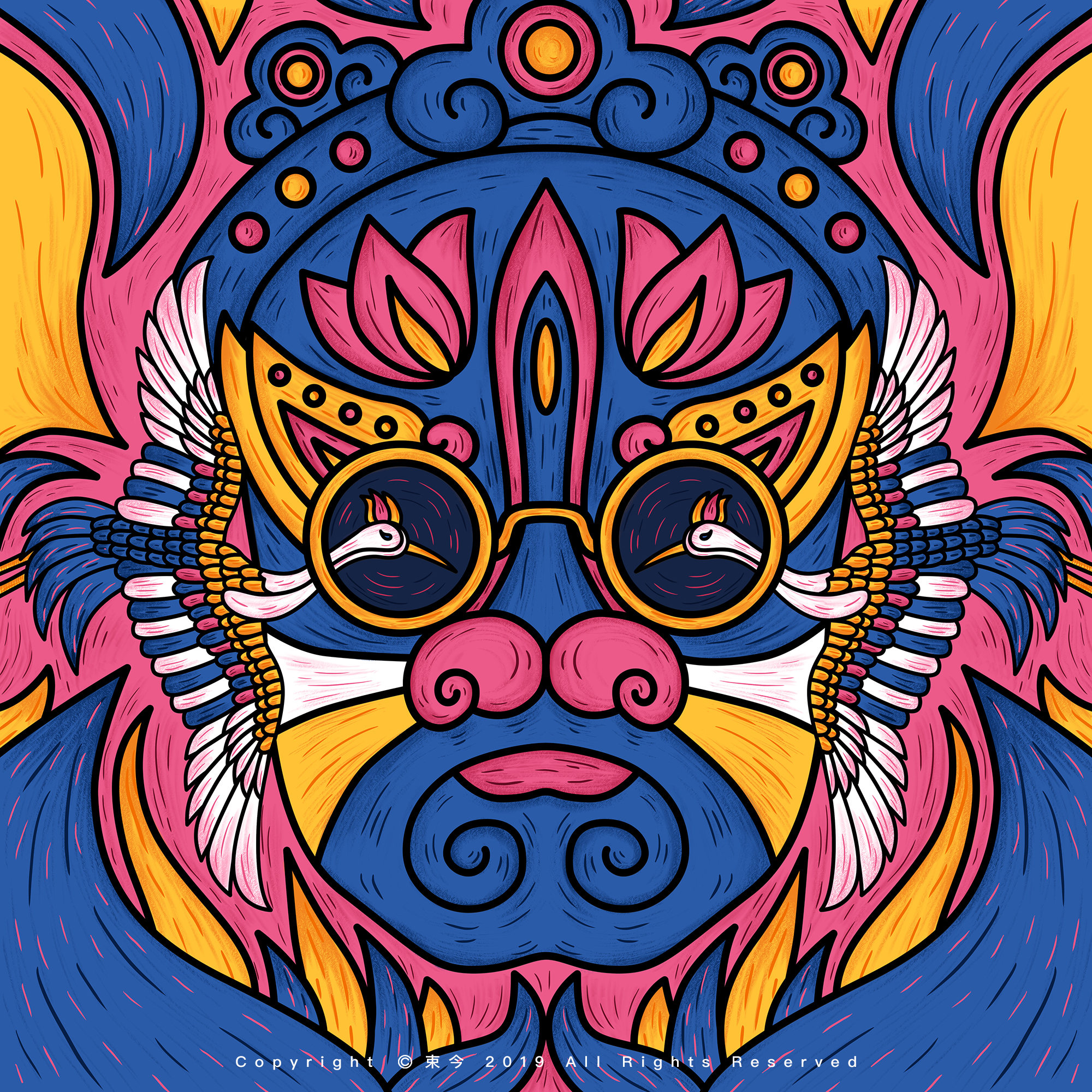 束今| 国潮 | 脸谱仙鹤品牌周边图案印花设计