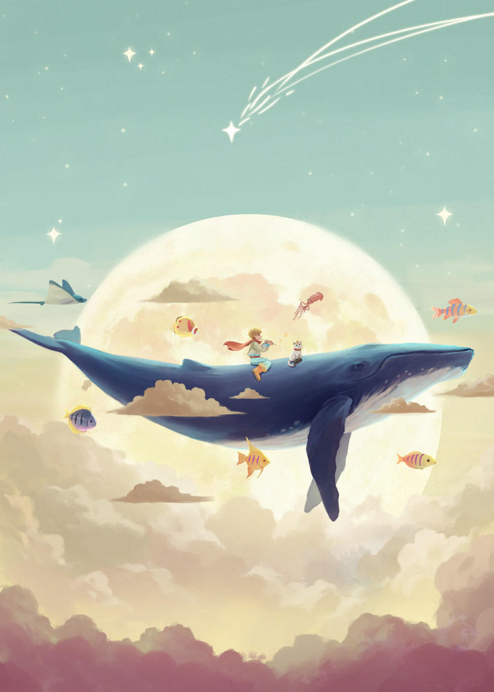 唯美治愈小王子与鲸鱼漫游竖图插画