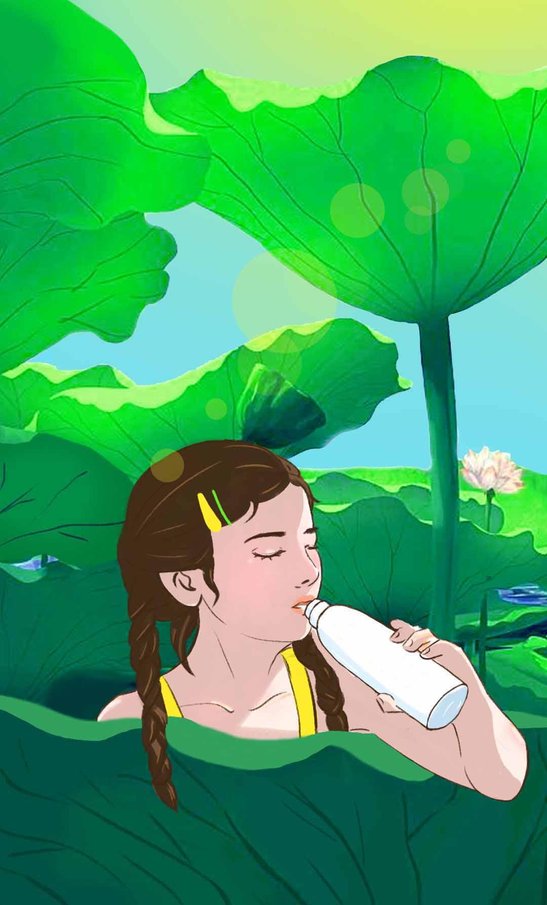 荷叶下喝水女孩 - 酒九 - 原创作品 - 视觉中国(shijueme)