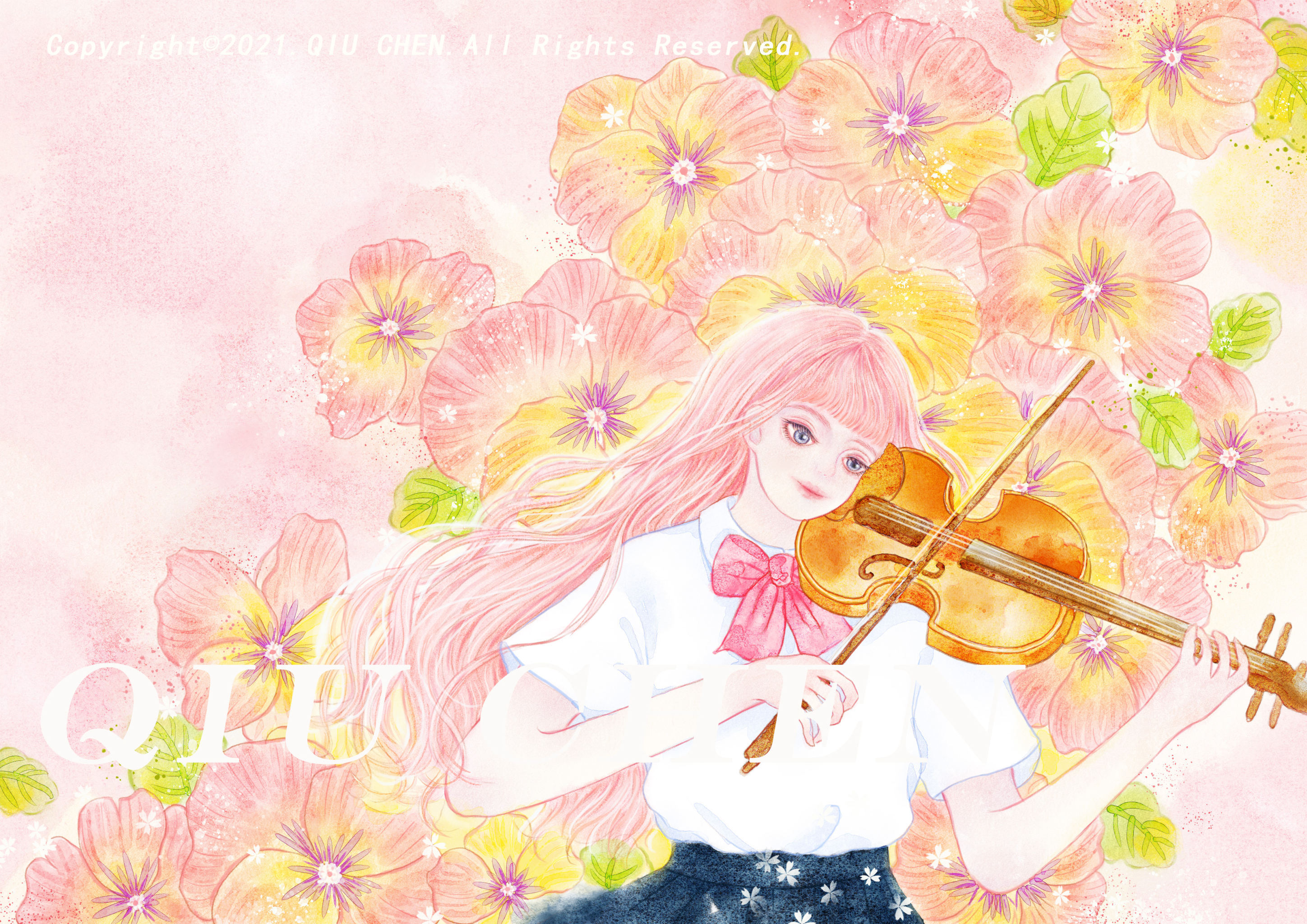 插画小提琴与女孩