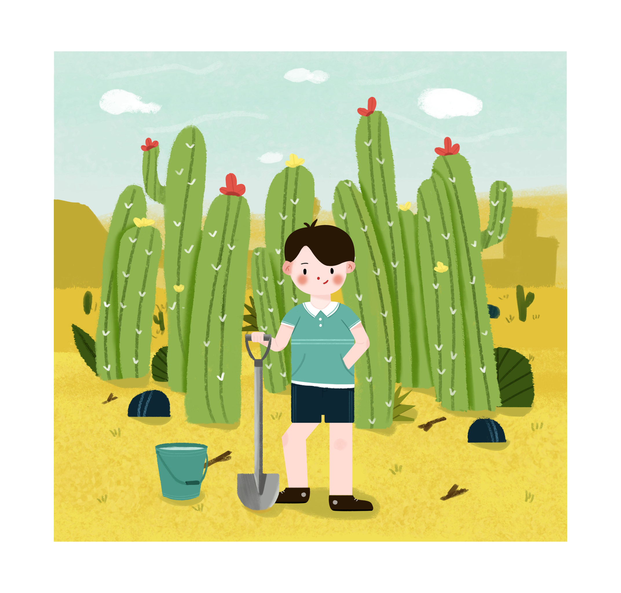 植树节男孩在沙漠种植仙人掌