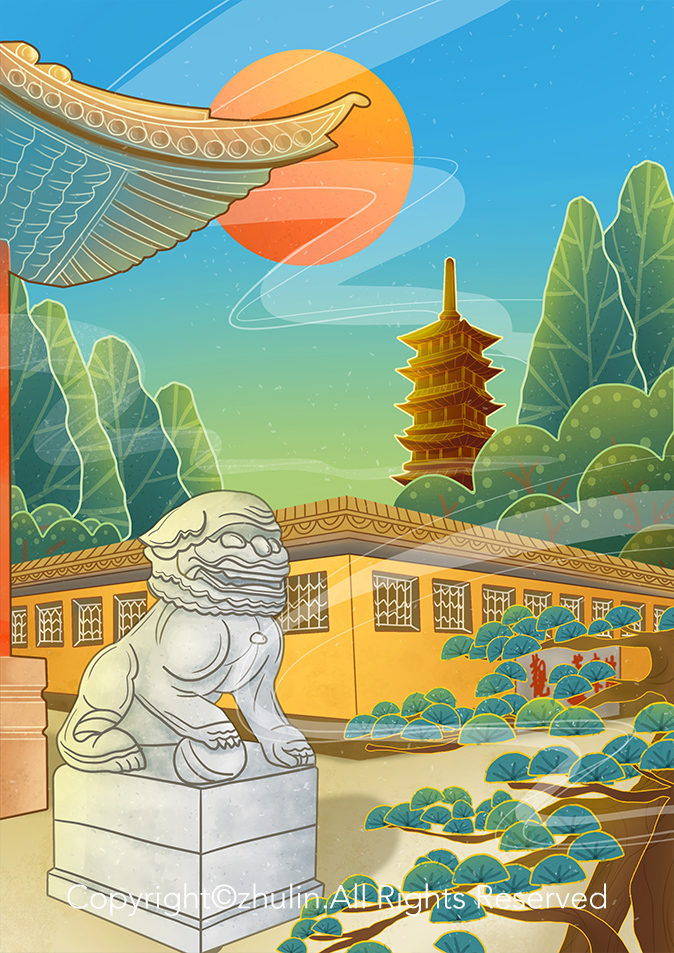 扬州国潮中国风大明寺建筑商业插画