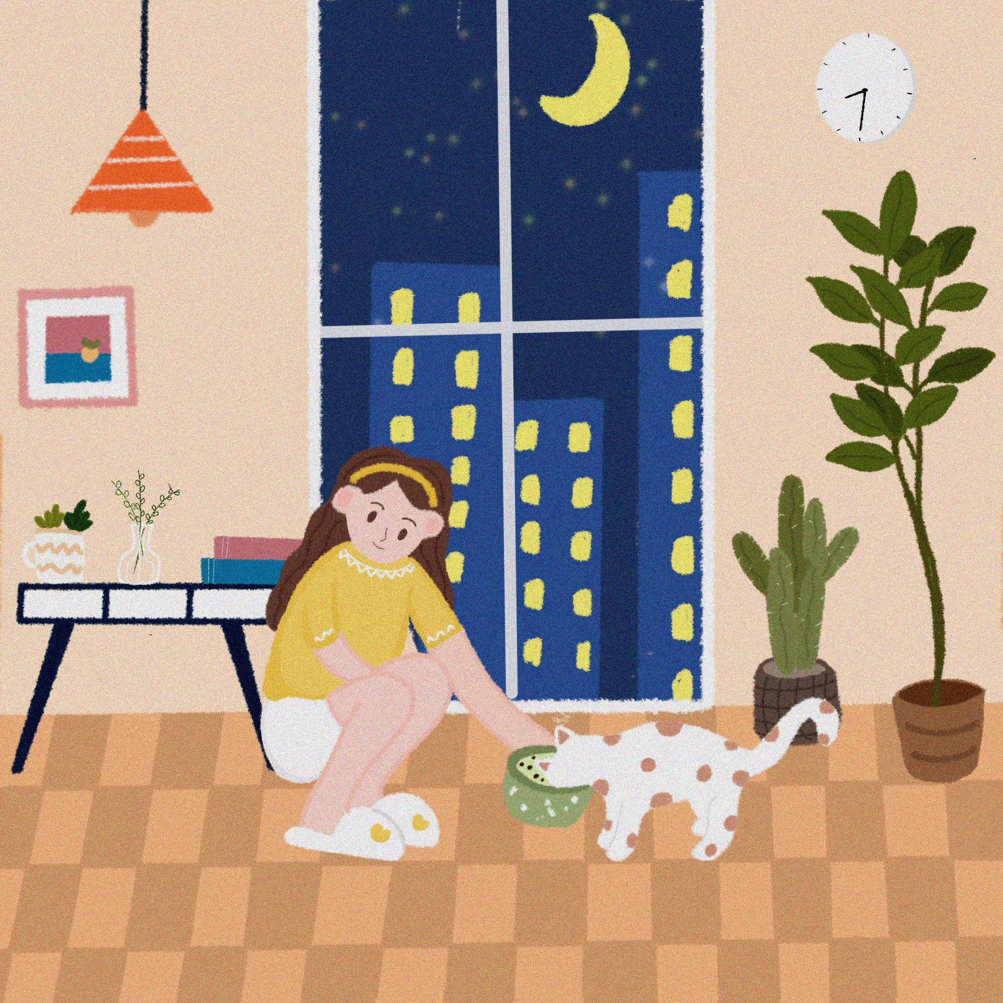 居家插画-喂猫