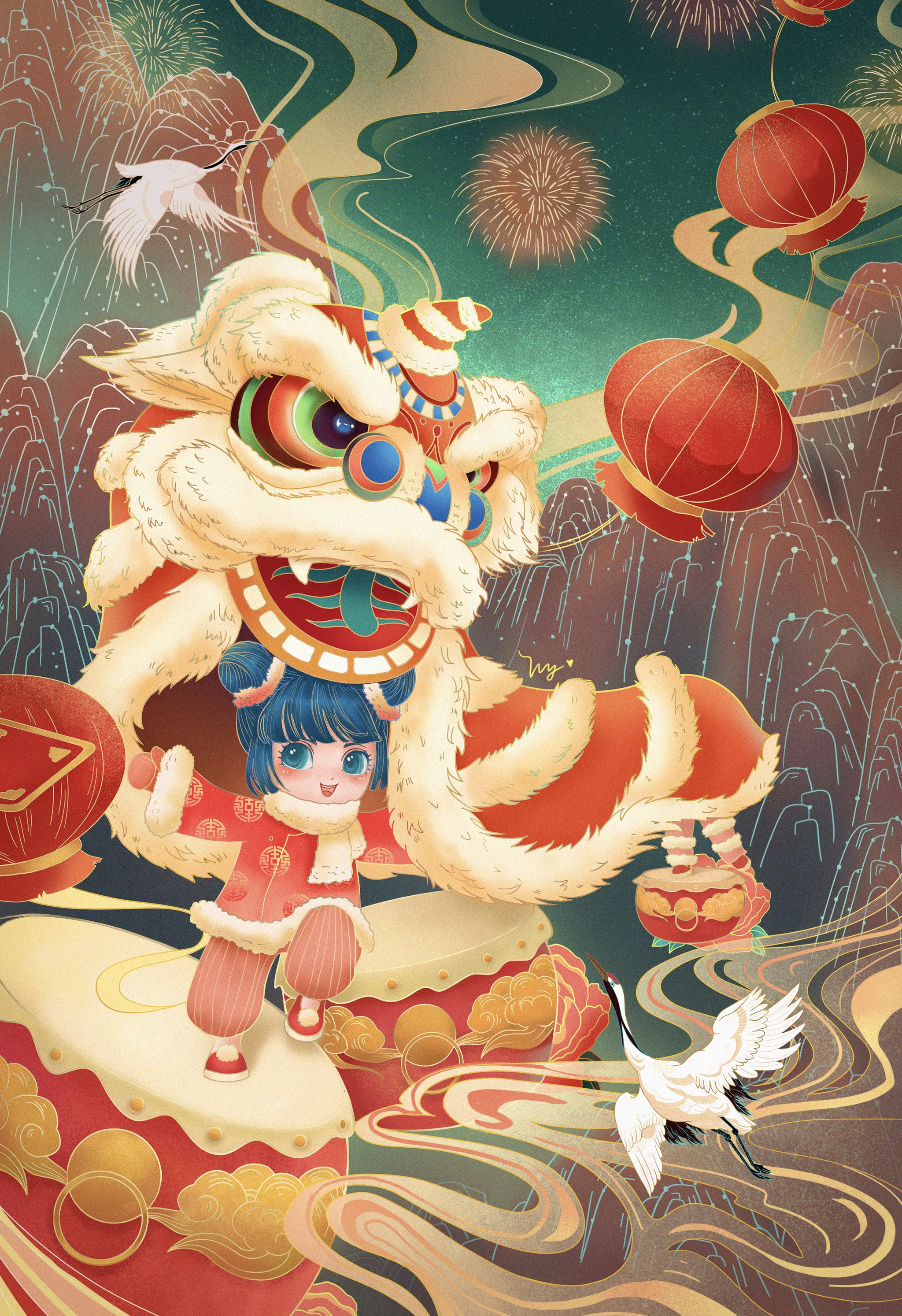 春节舞狮插画夜晚烟花