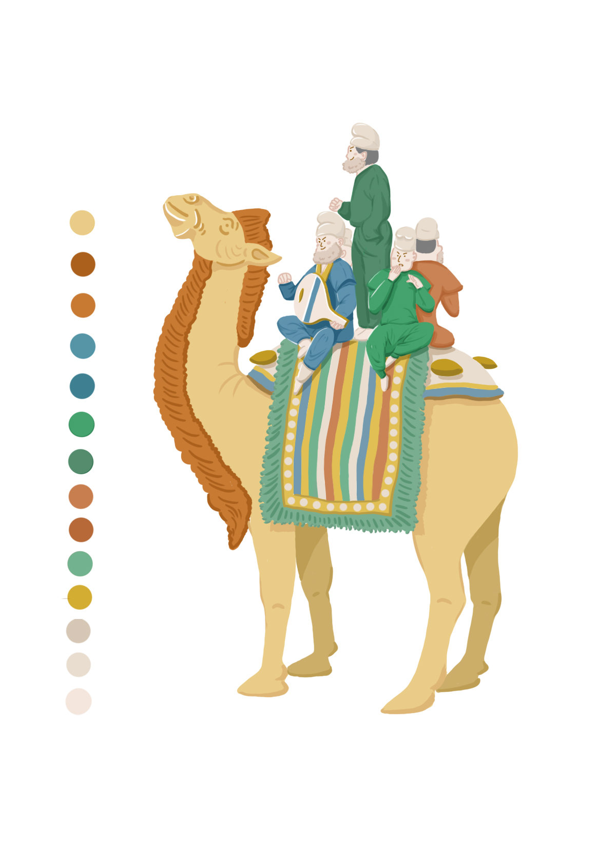 三彩载乐骆驼俑文物插画