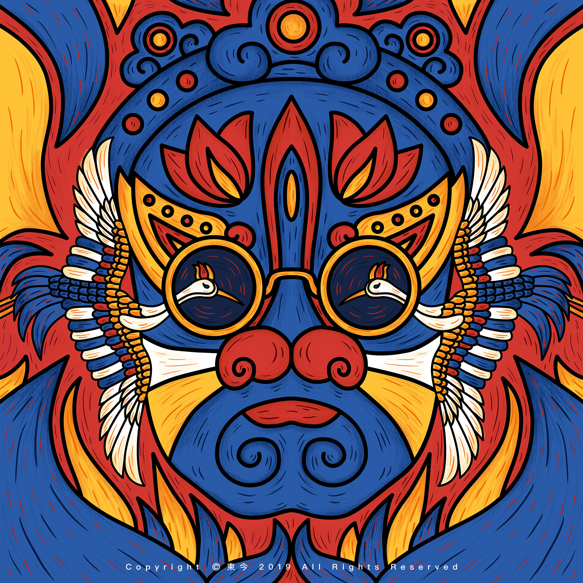 束今| 国潮 | 脸谱仙鹤品牌周边图案印花设计