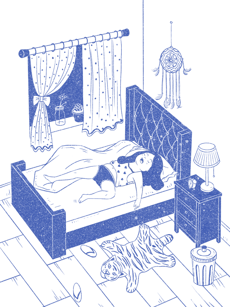 蓝色单色人物睡觉可爱肌理插画