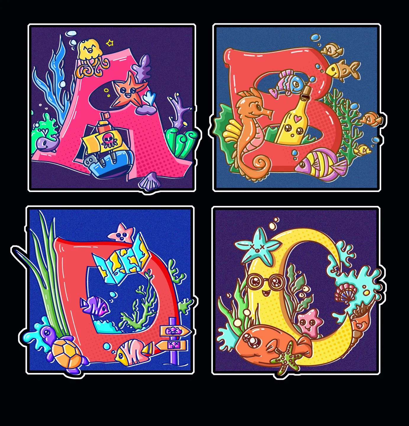 字母插画海底卡通元素手绘插图