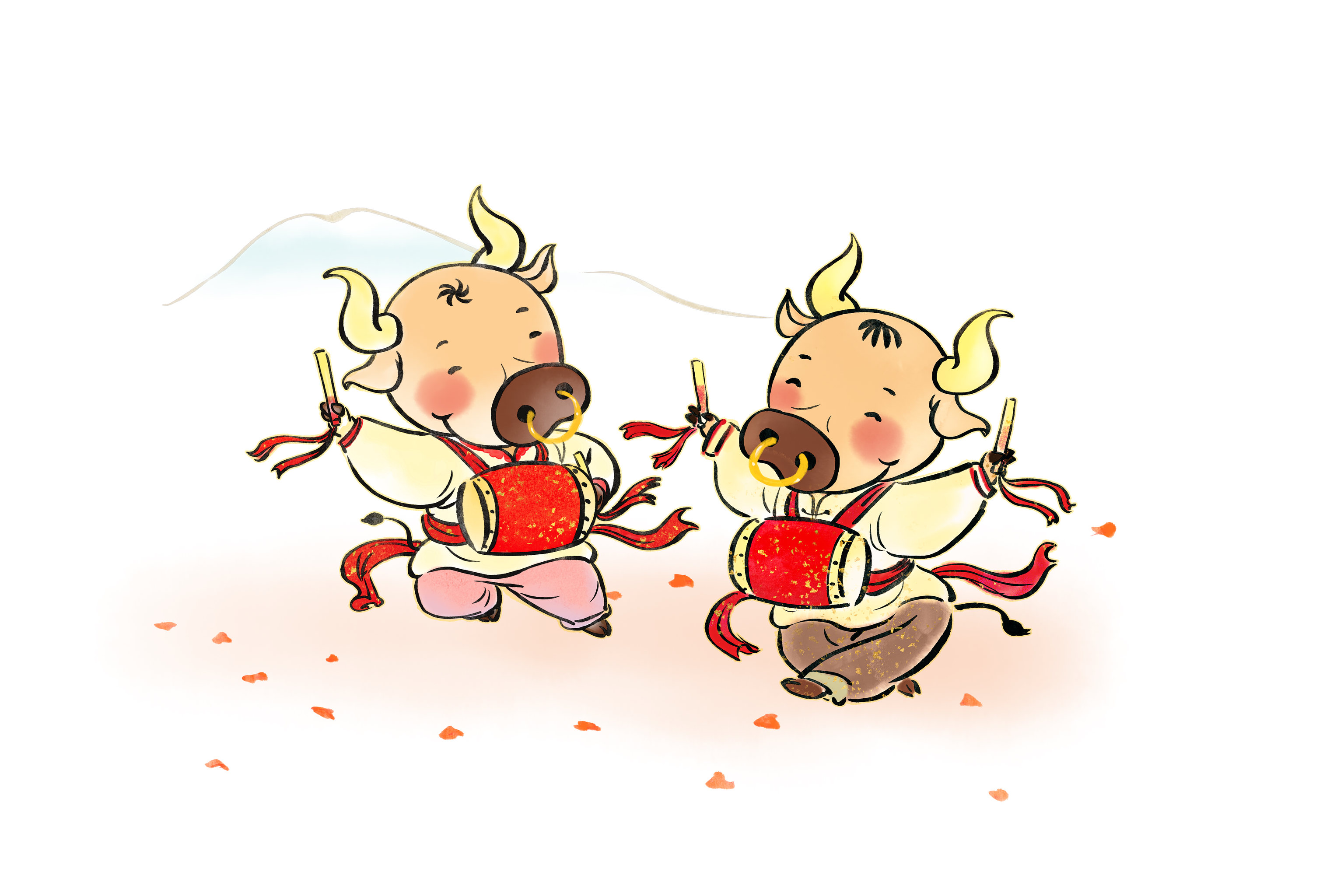 牛年春节打鼓喜庆插画
