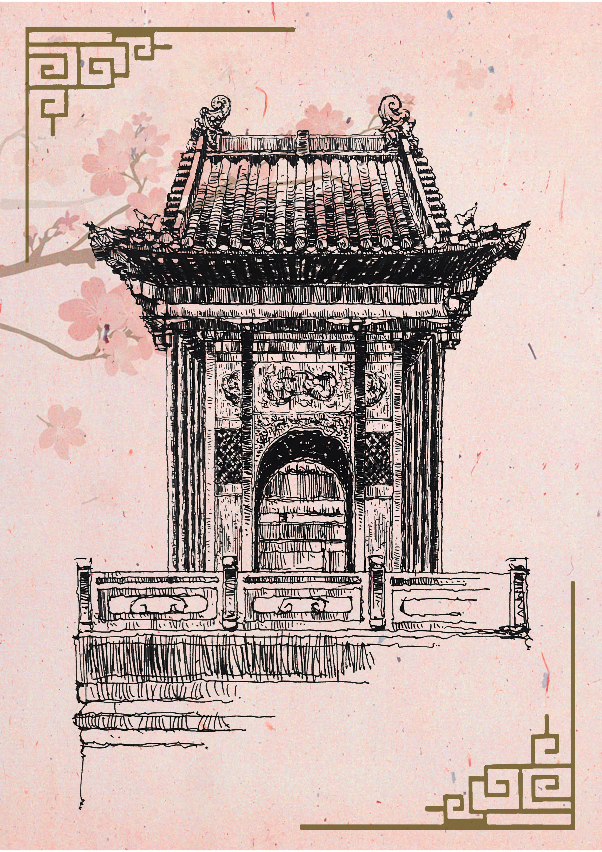钢笔速写手绘 中国风古建筑 古风插画