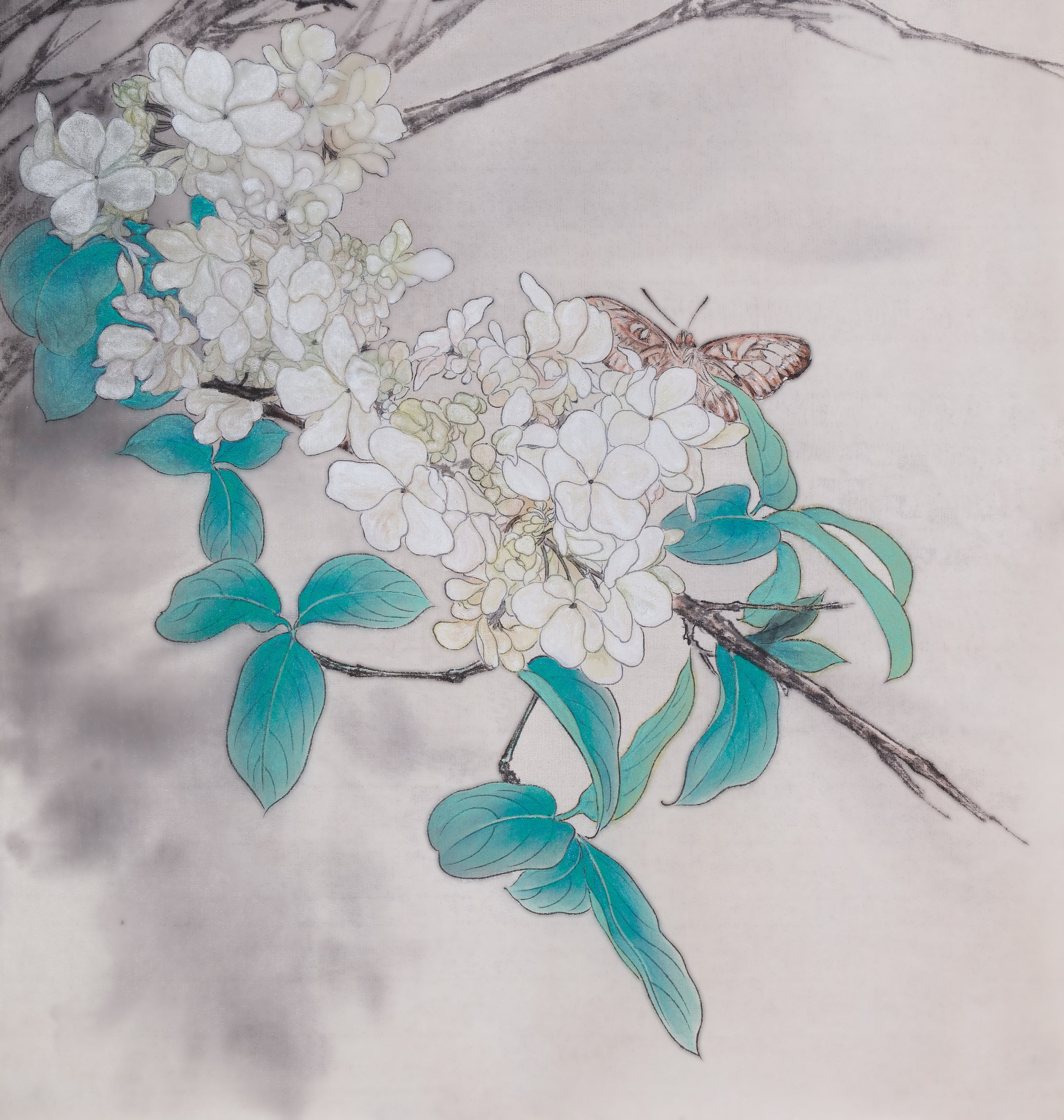 国画工笔花鸟蝴蝶绣球图