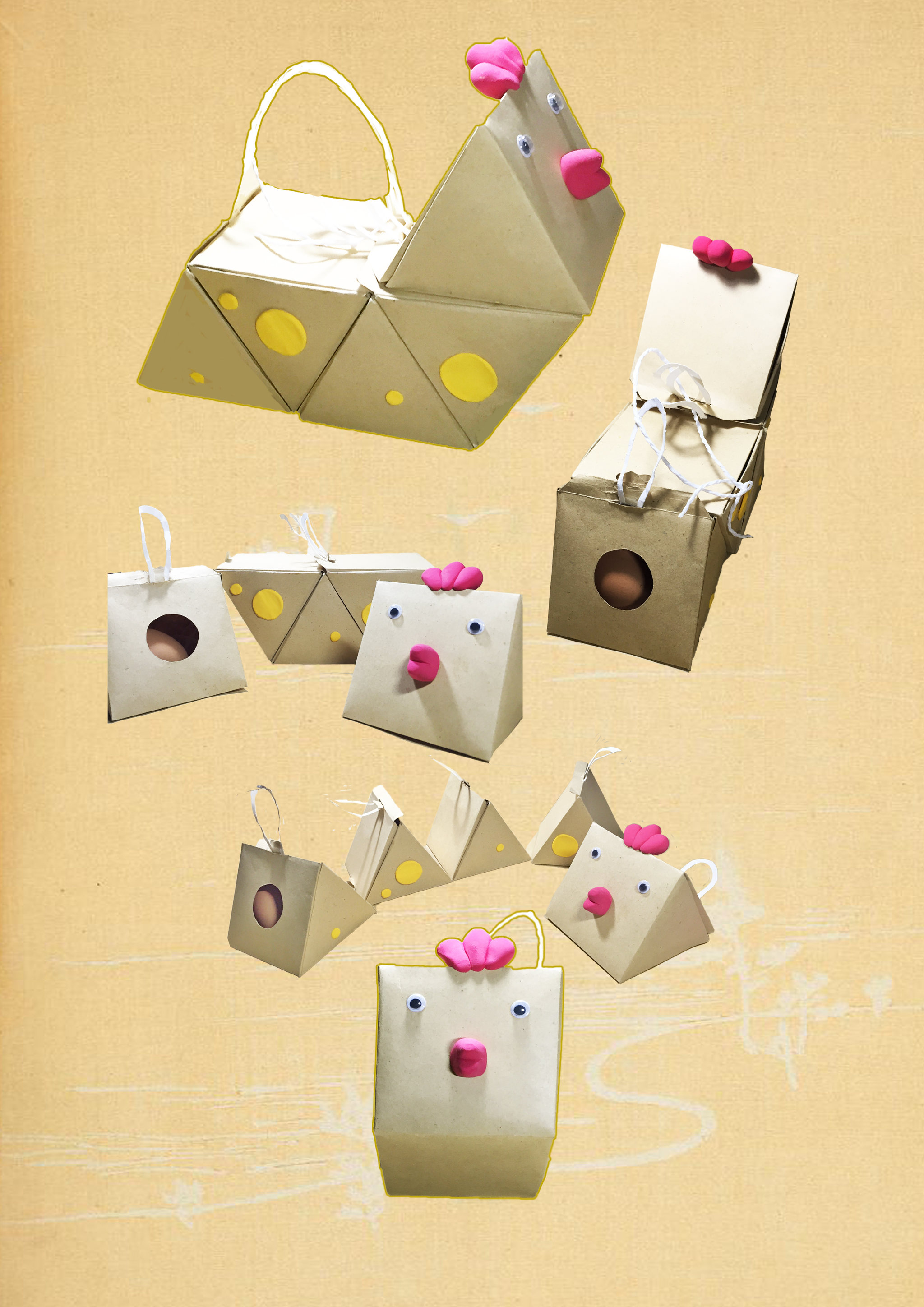 作品名称:趣过年,鸡元素外包装 设计说明:以三角形小纸盒为基础所做的