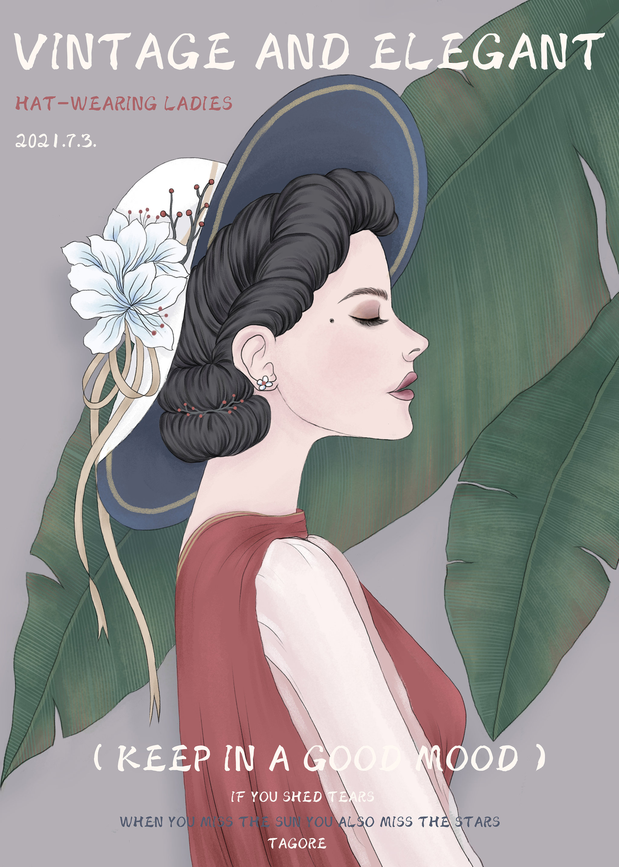 原创手绘复古水彩风戴帽子的女士插画