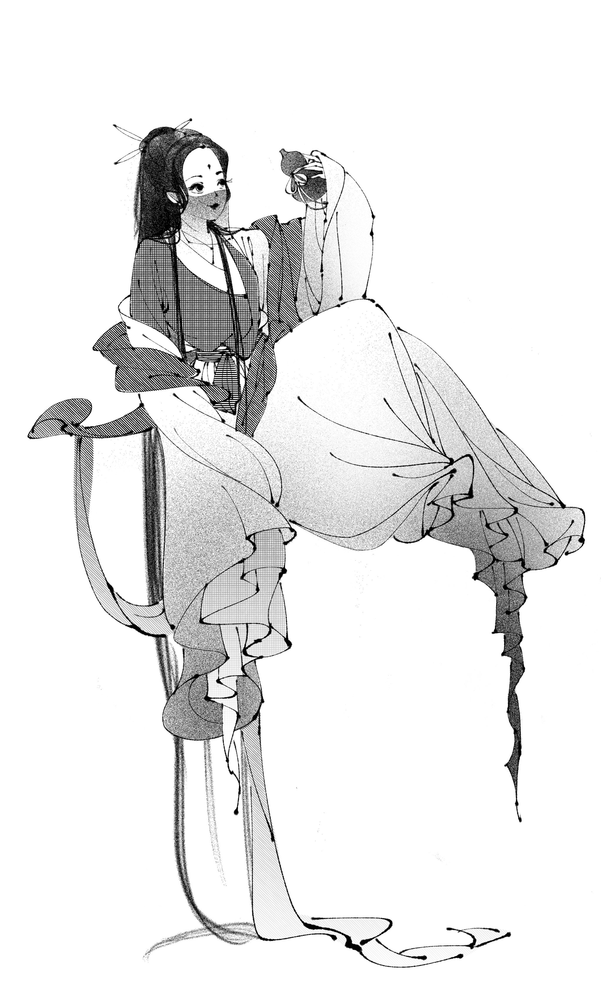 「黑白插画」古风少女系列