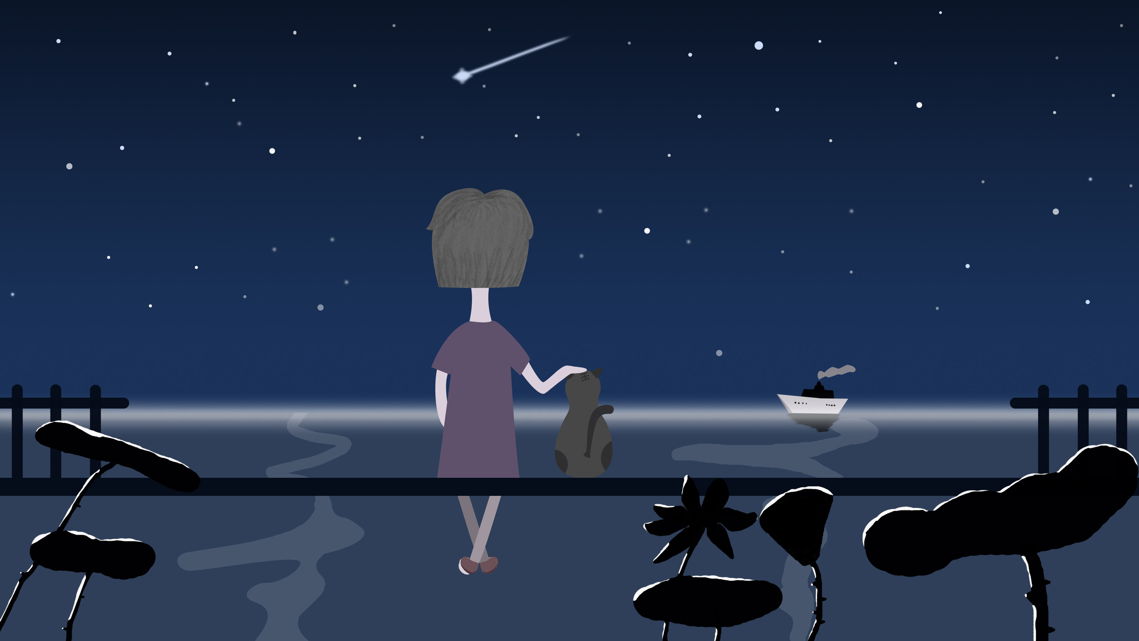 夜空下的猫咪和我