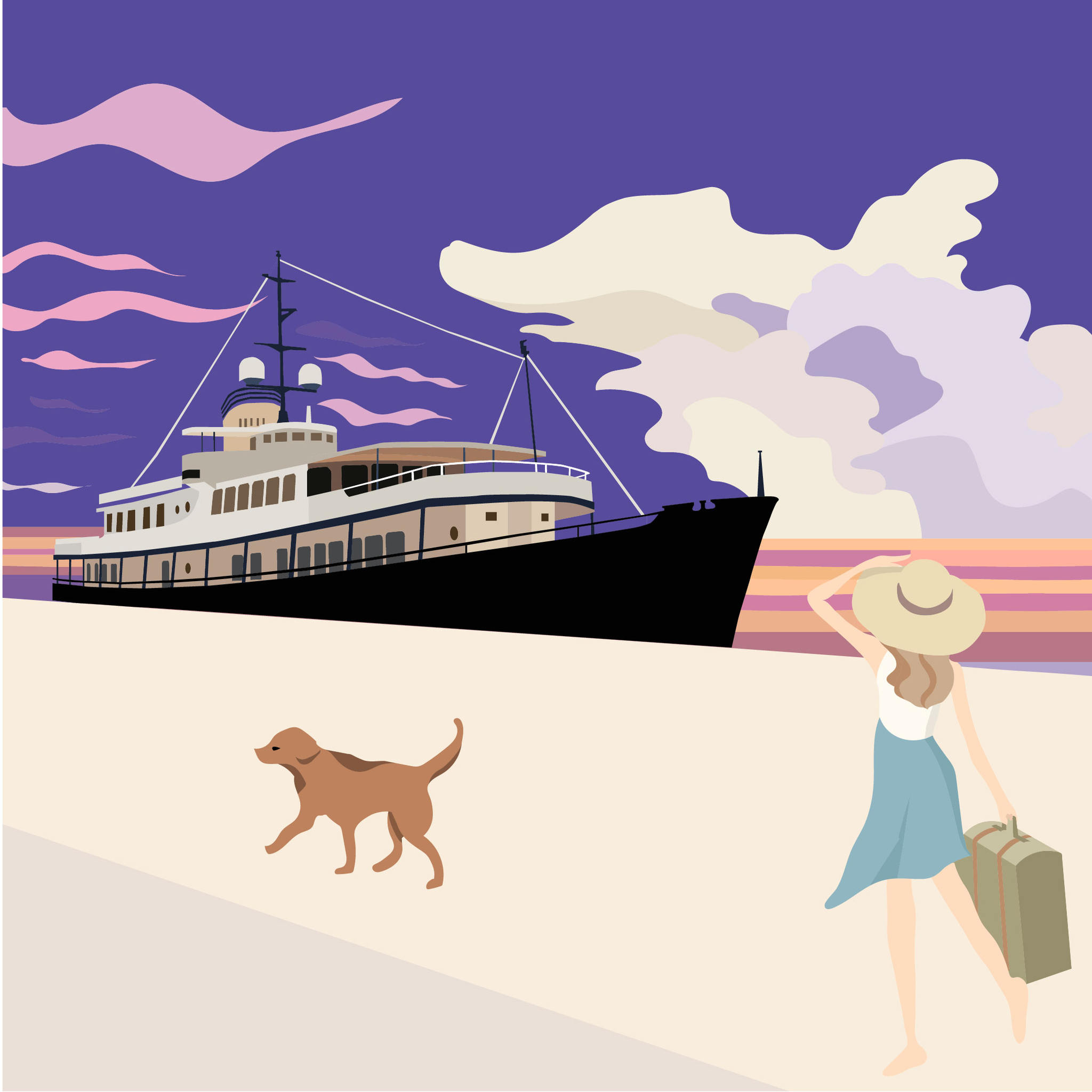 海边邮轮边准备登船的旅行种的女孩