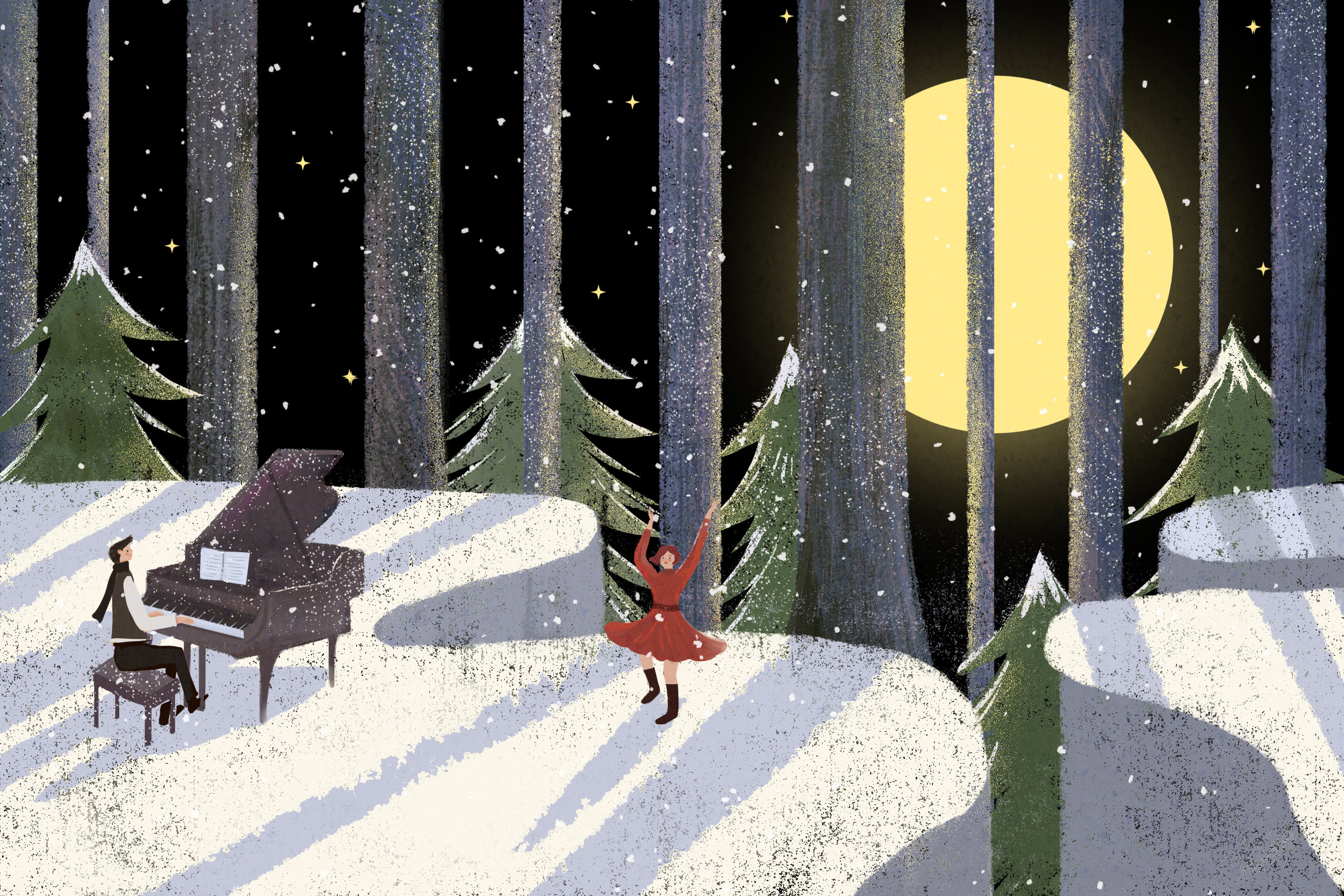 夜晚雪景跳舞情侣