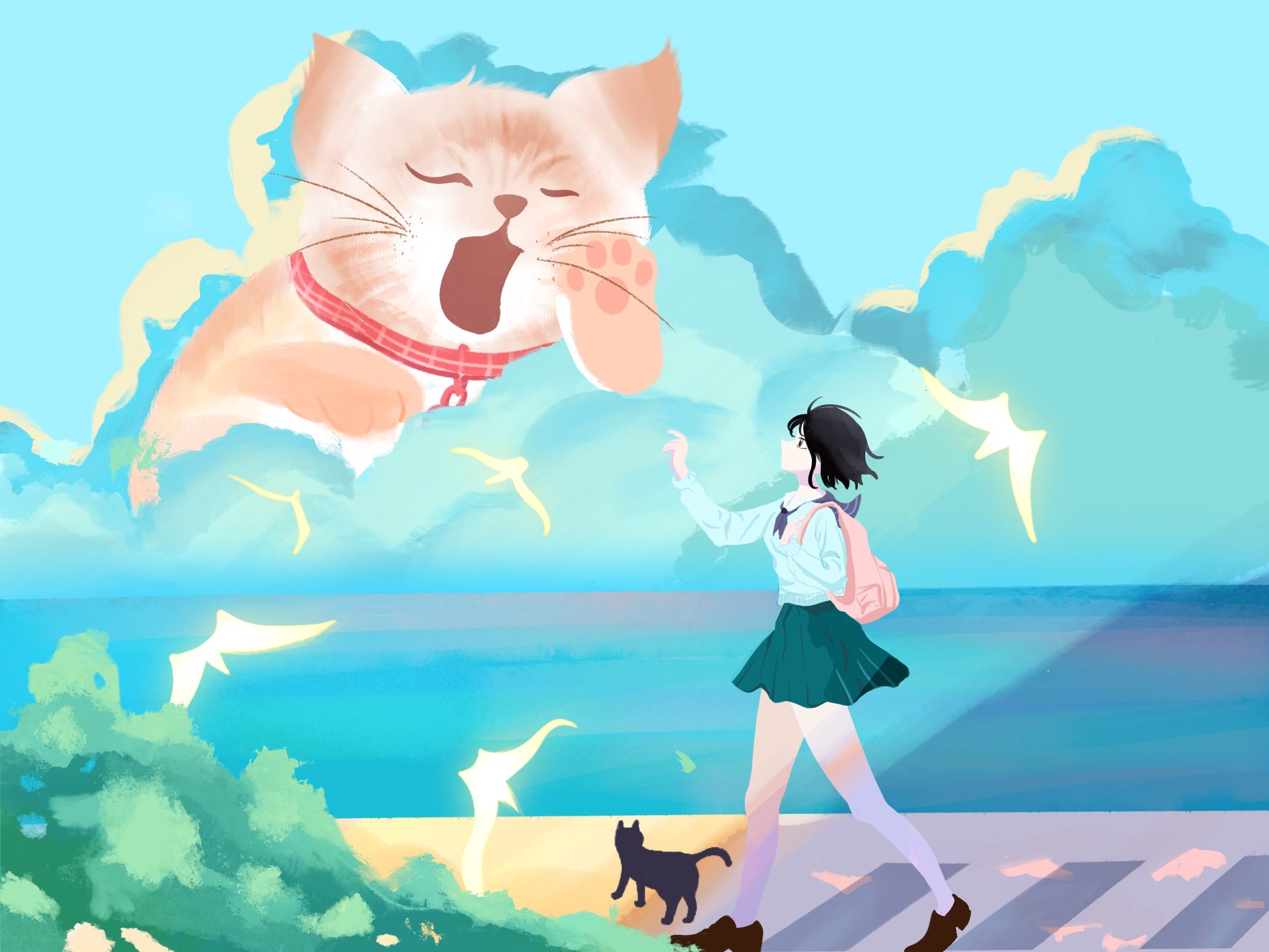 二次元治愈风插画少女与水母