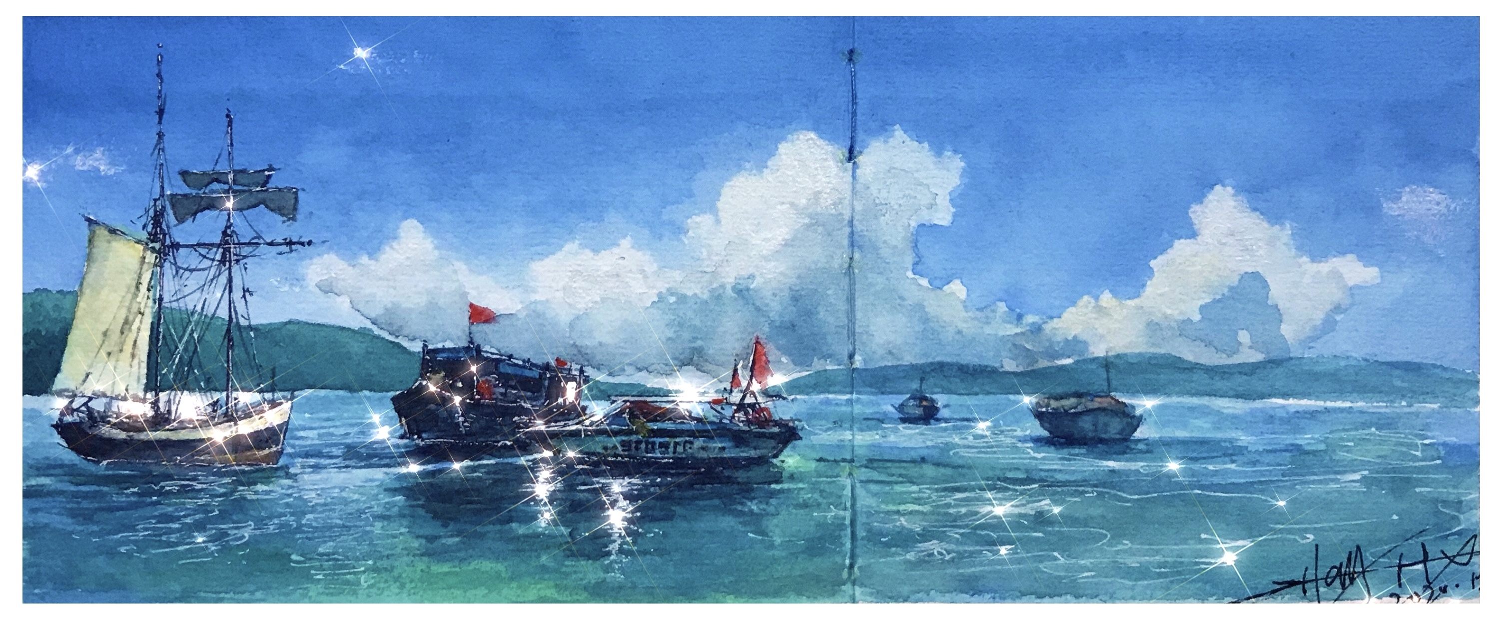 水彩手绘 海边风景