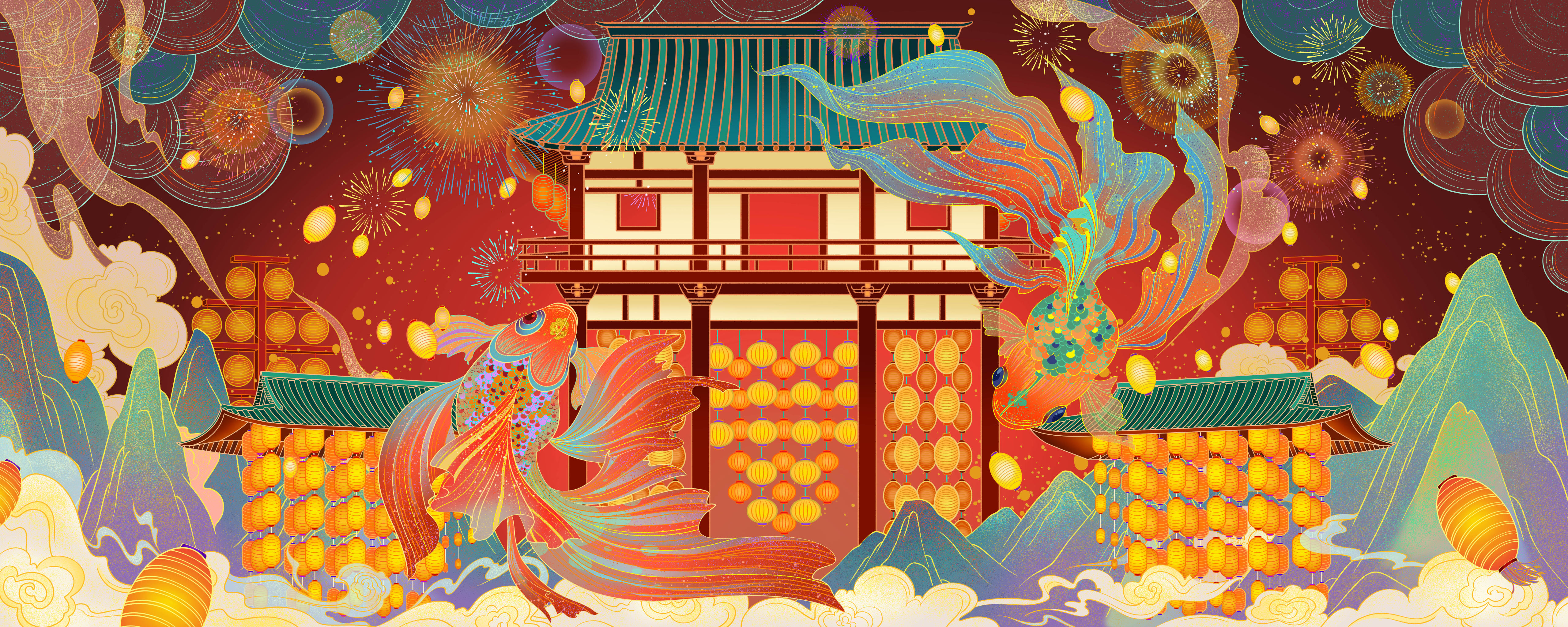 《百里盛世,千路千灯引》重庆龙湖时代天街kv插画